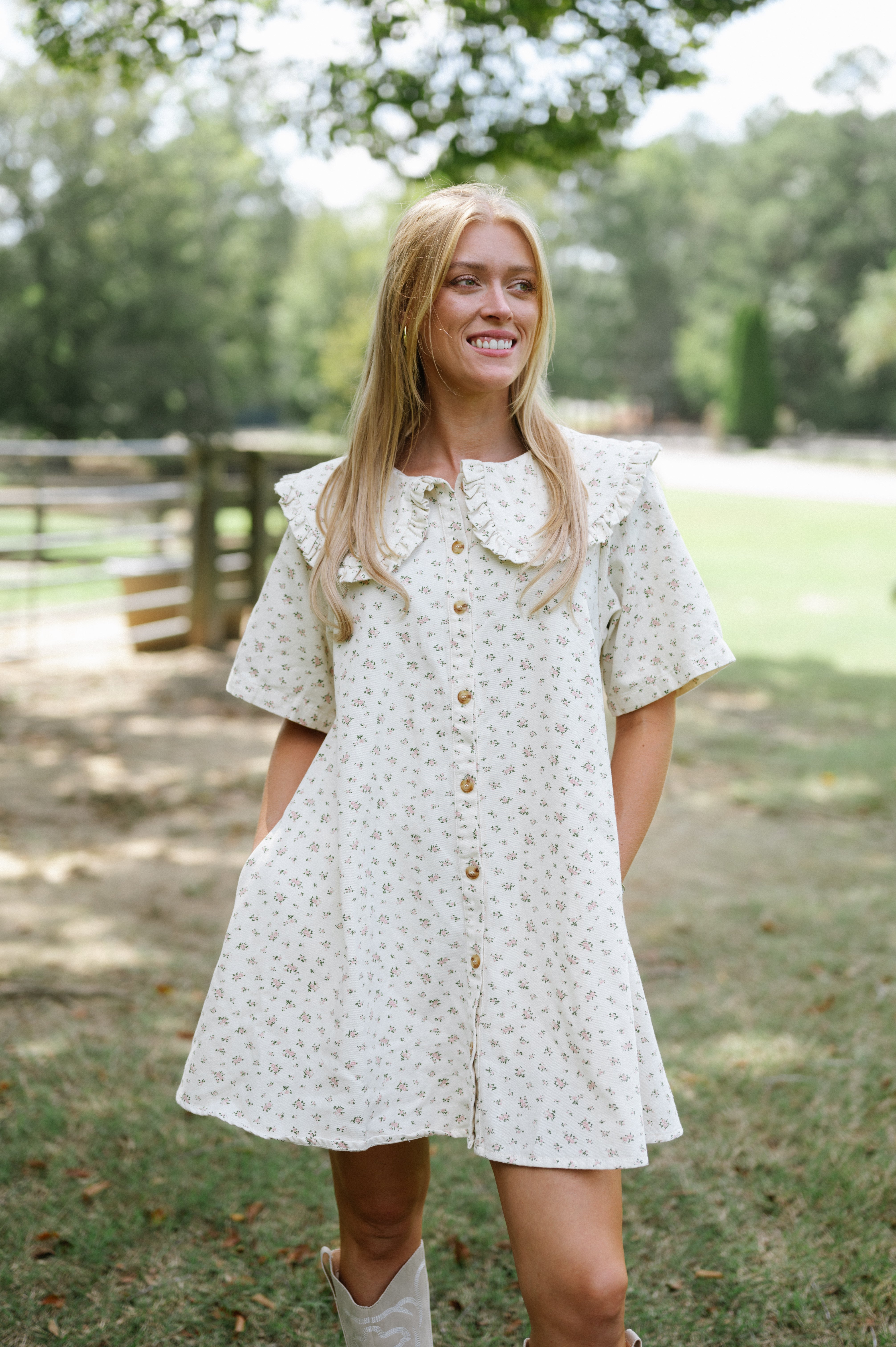 Floral Twill Mini Dress-Ivory