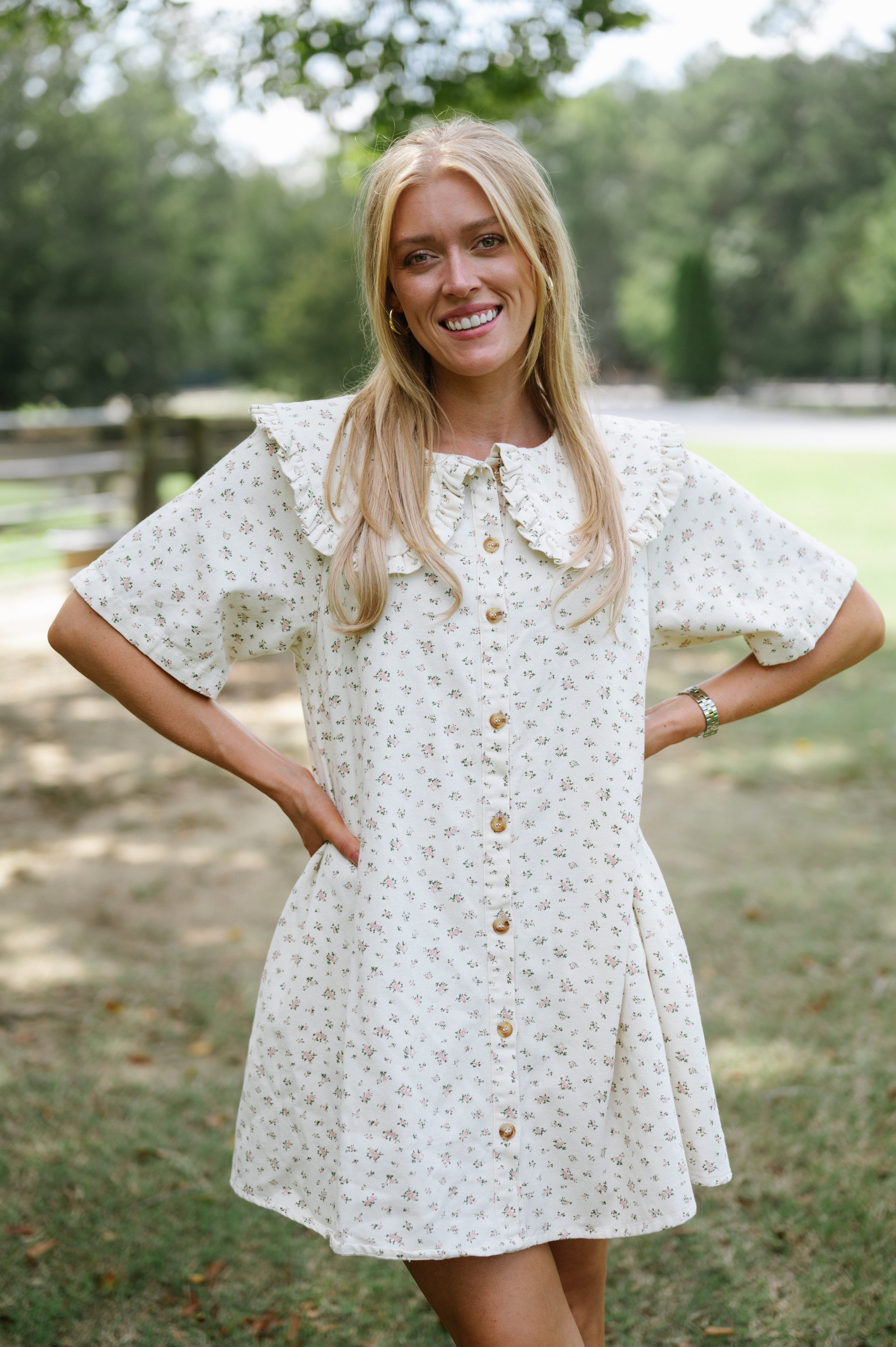 Floral Twill Mini Dress-Ivory