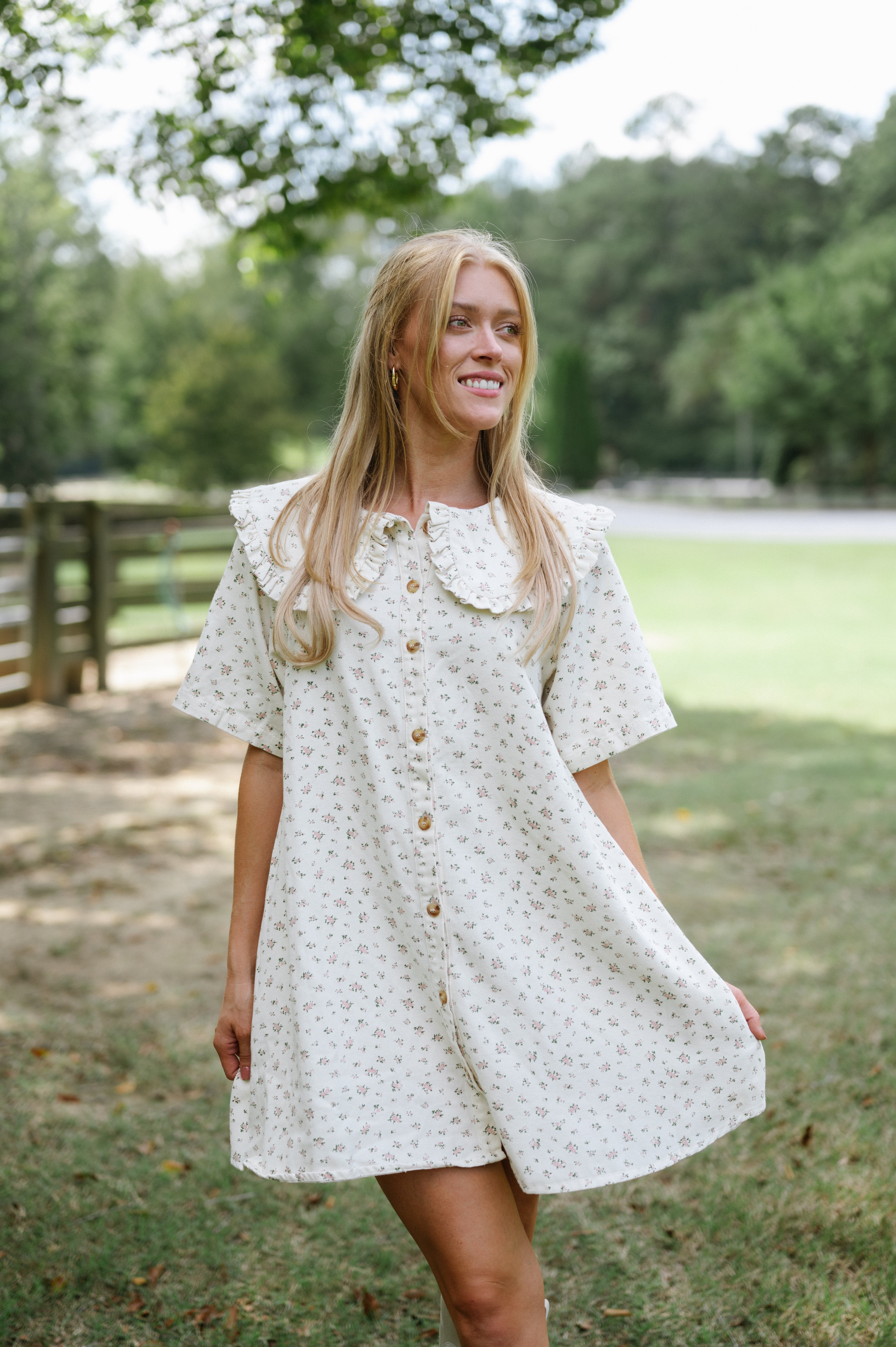 Floral Twill Mini Dress-Ivory