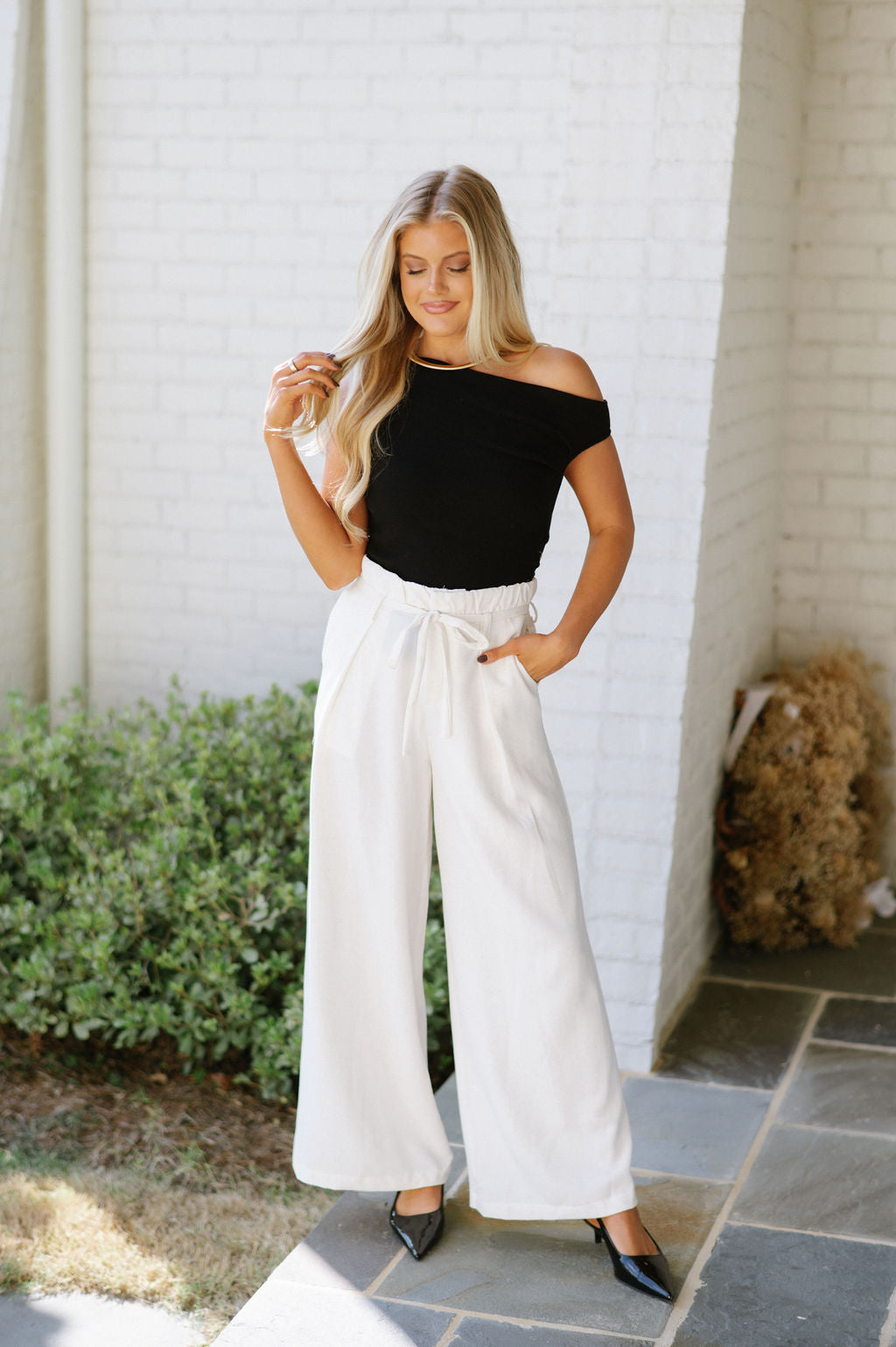 Pintuck Wide Leg Pants-Ivory