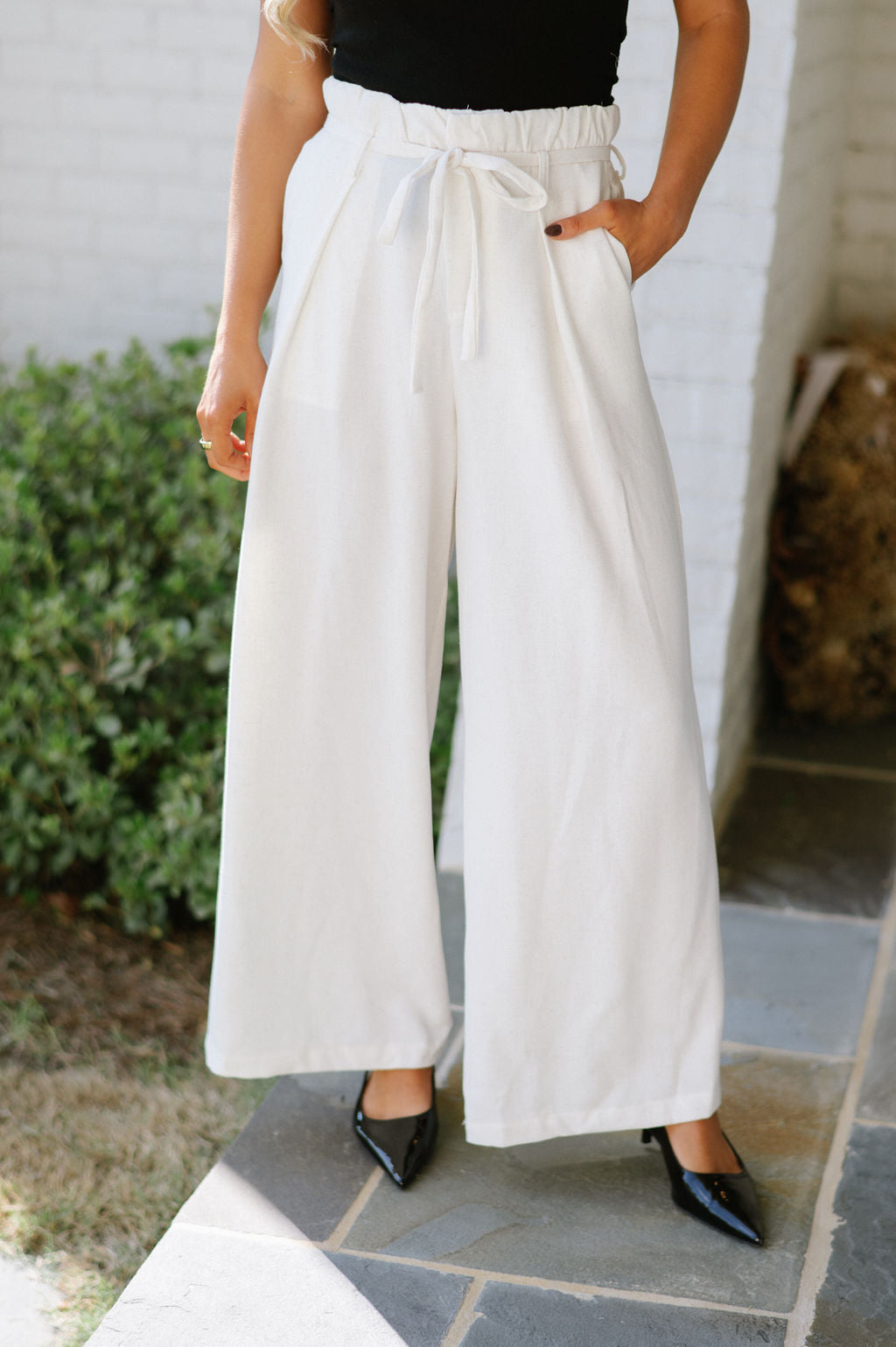 Pintuck Wide Leg Pants-Ivory