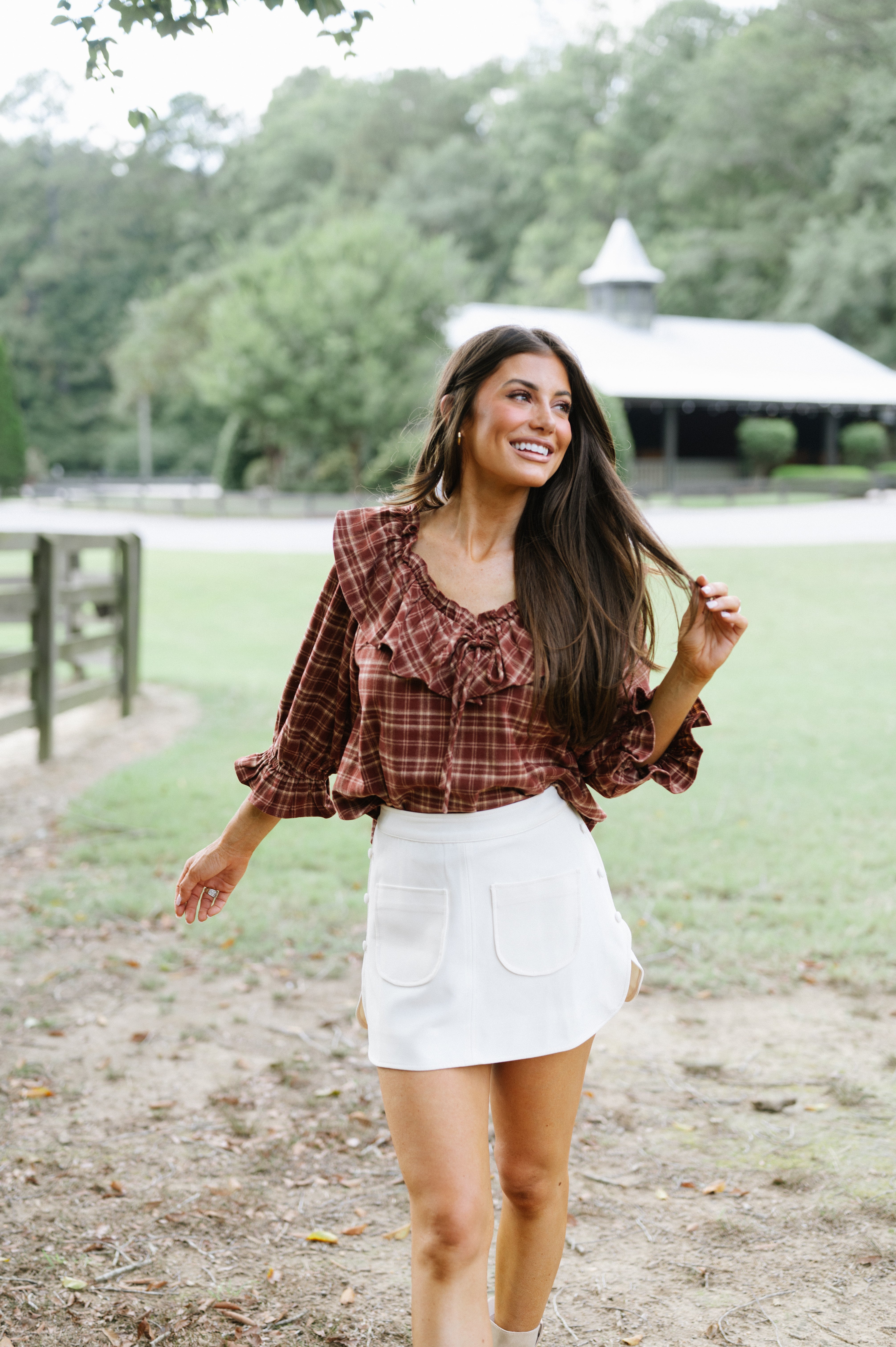 Plaid Ruffle Collar Blouse-Burnt Brick