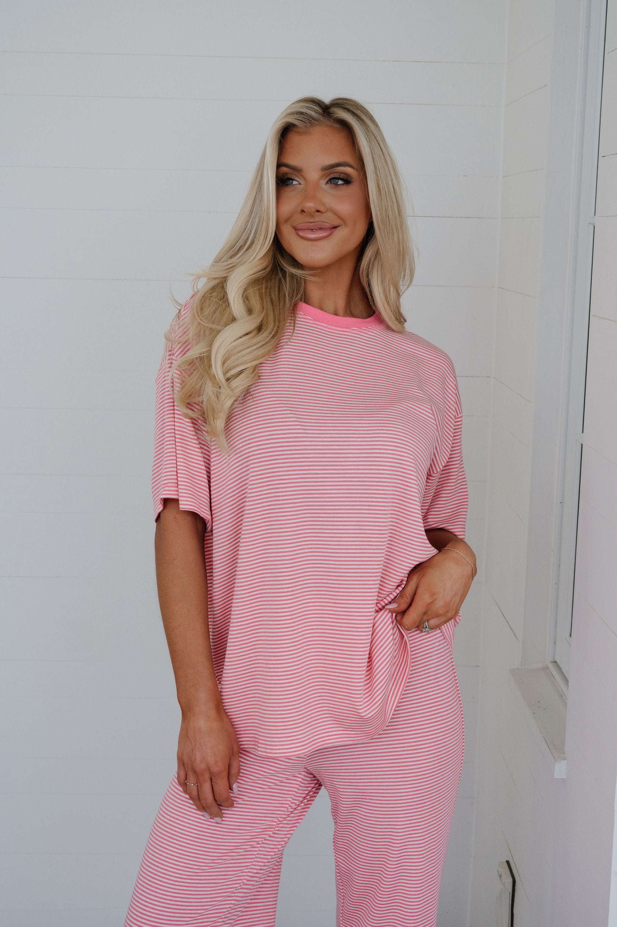 Garrison Striped Pants Set-Bubblegum