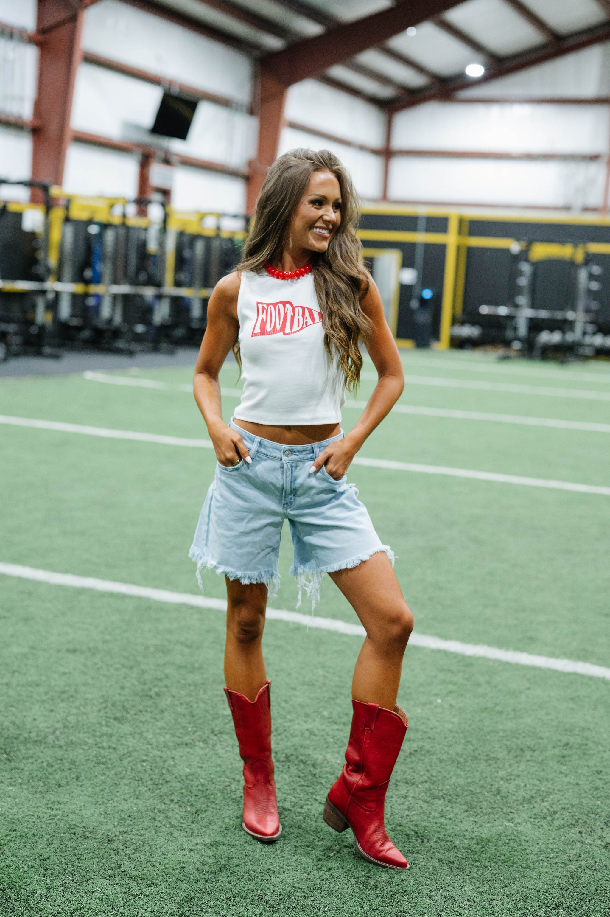 Sleeveless Round Neck Football Tank Top-White/Red