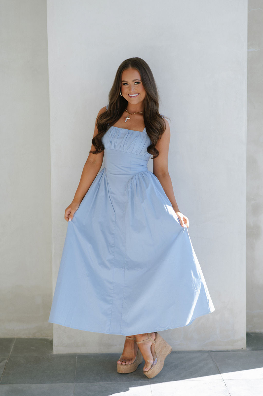 Square Neck Ruched Dress-Blue