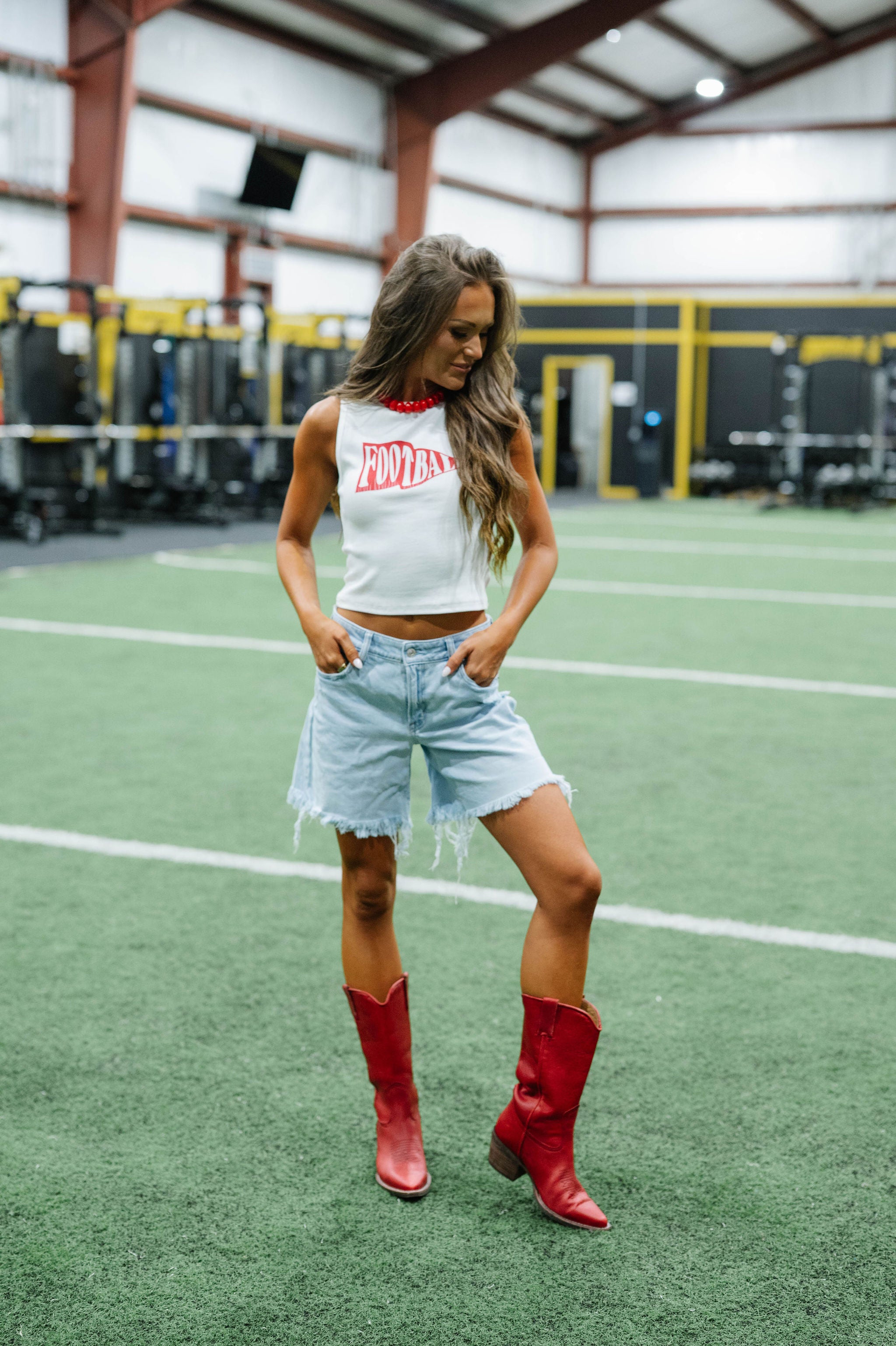 Sleeveless Round Neck Football Tank Top-White/Red