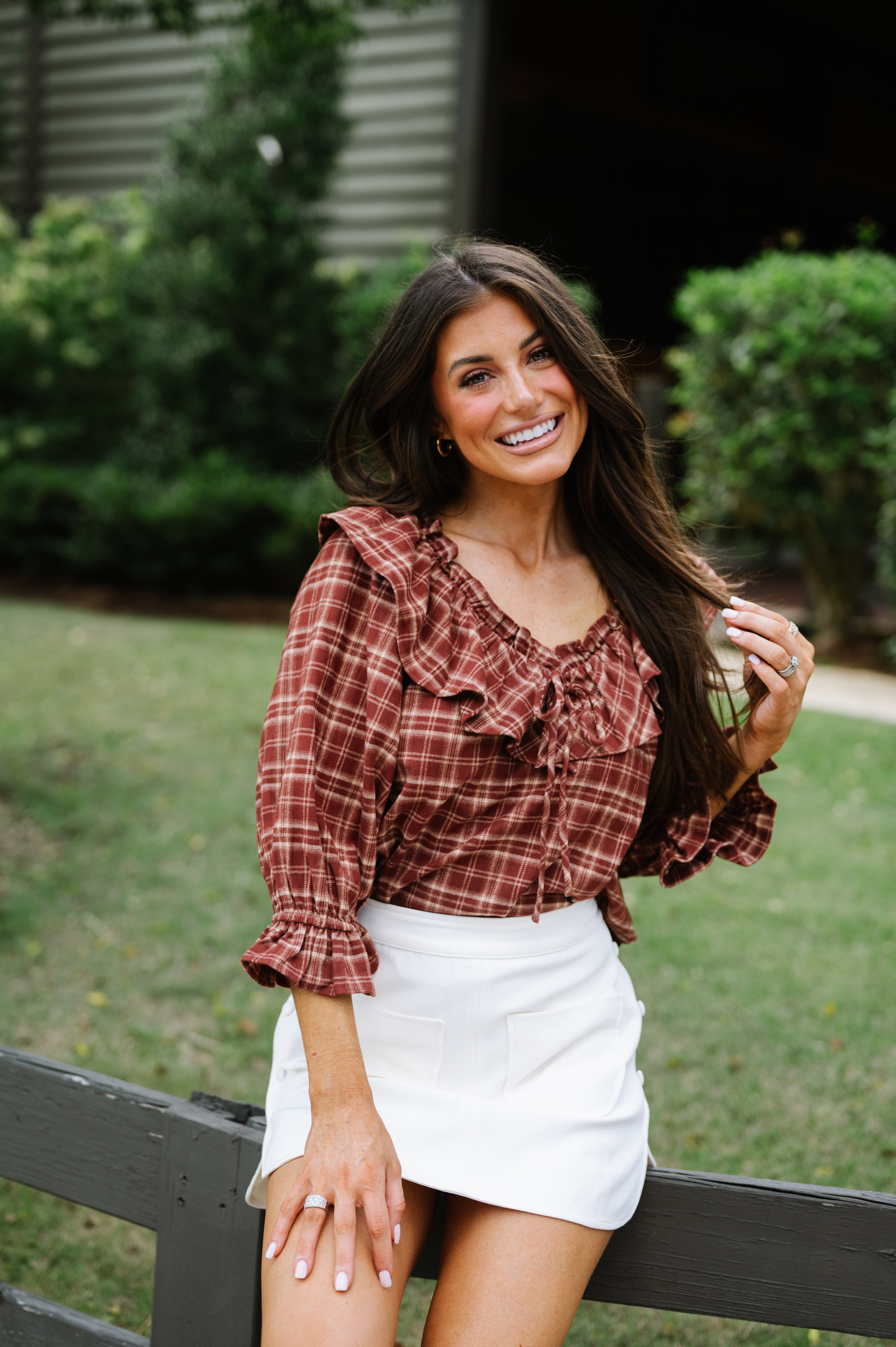 Plaid Ruffle Collar Blouse-Burnt Brick