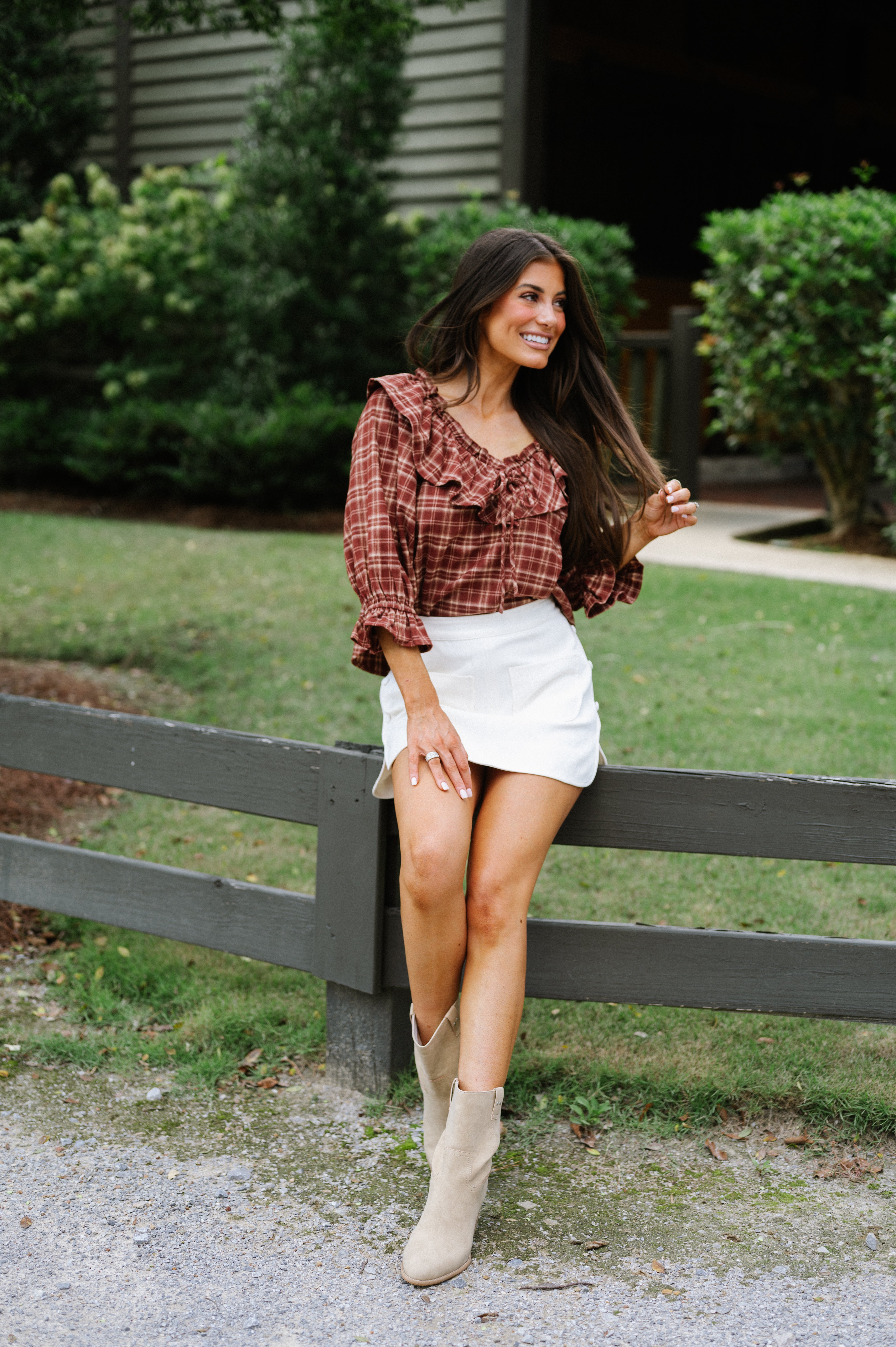 Plaid Ruffle Collar Blouse-Burnt Brick