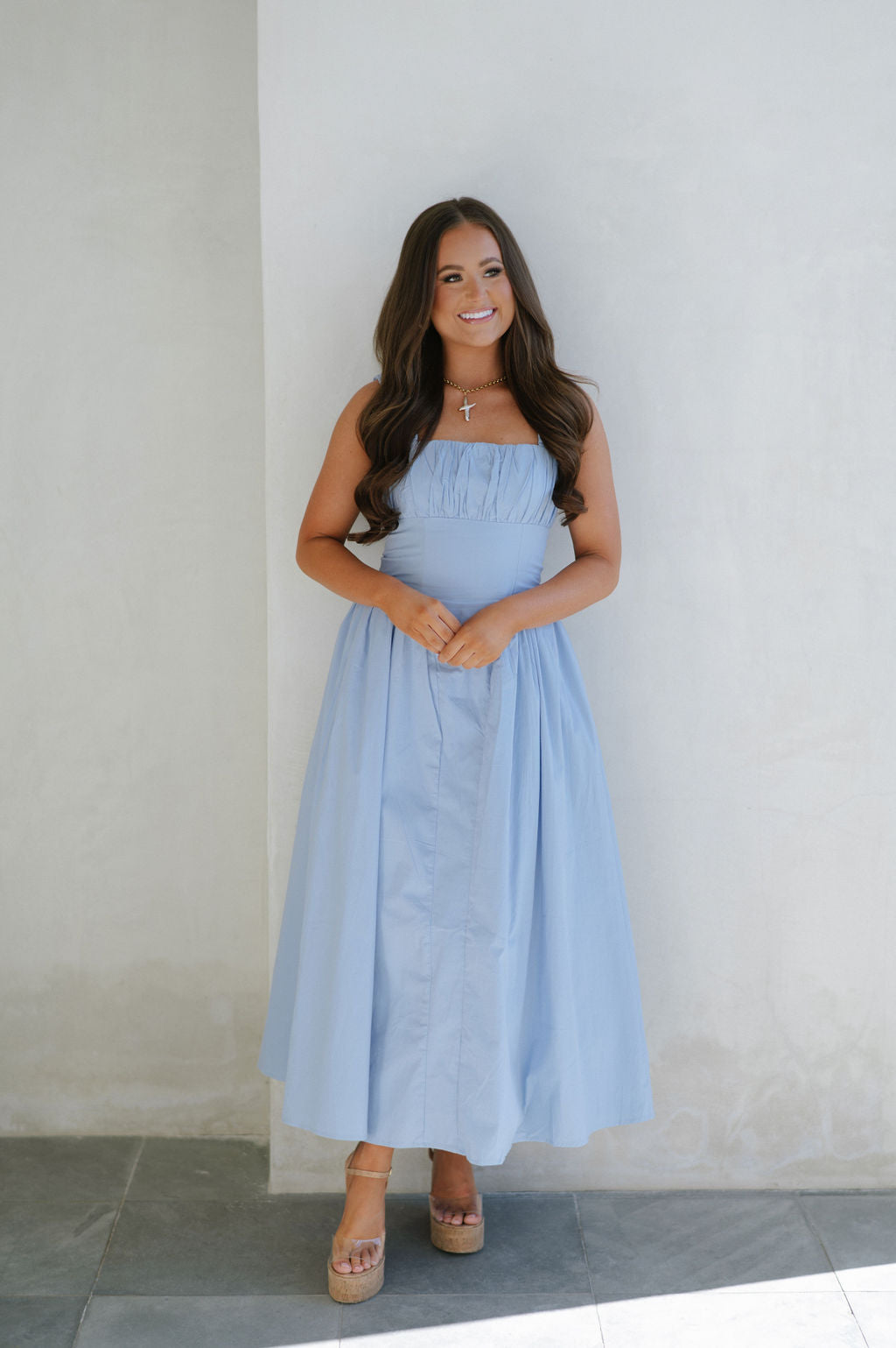 Square Neck Ruched Dress-Blue