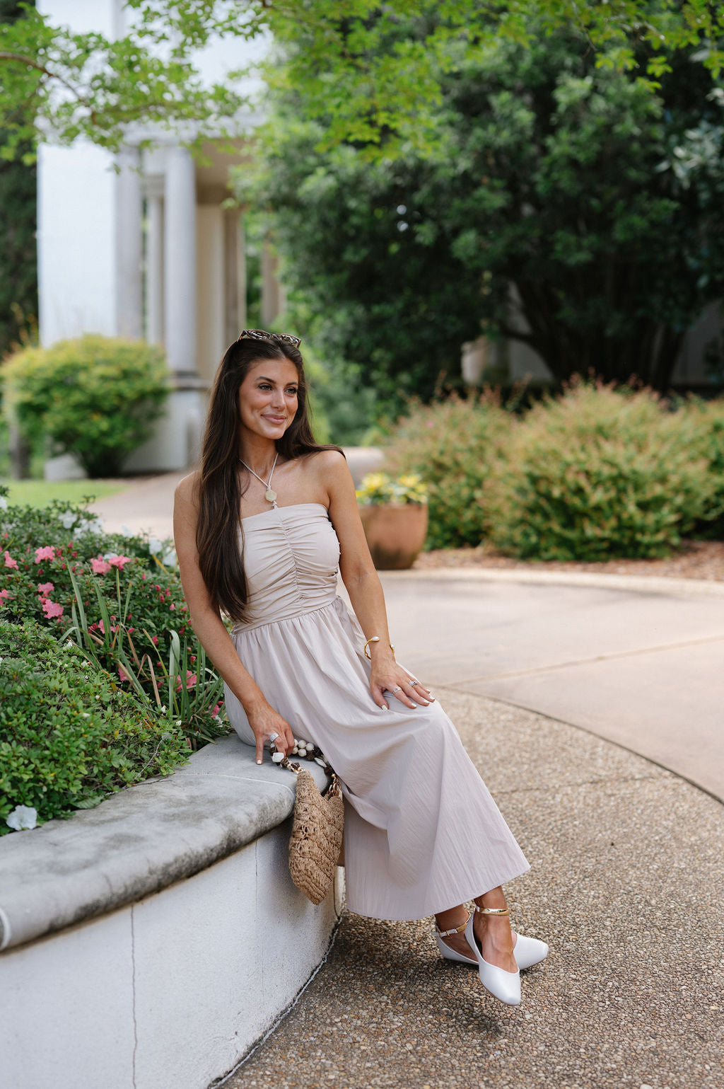 Halter Strap Flared Midi Dress-Beige