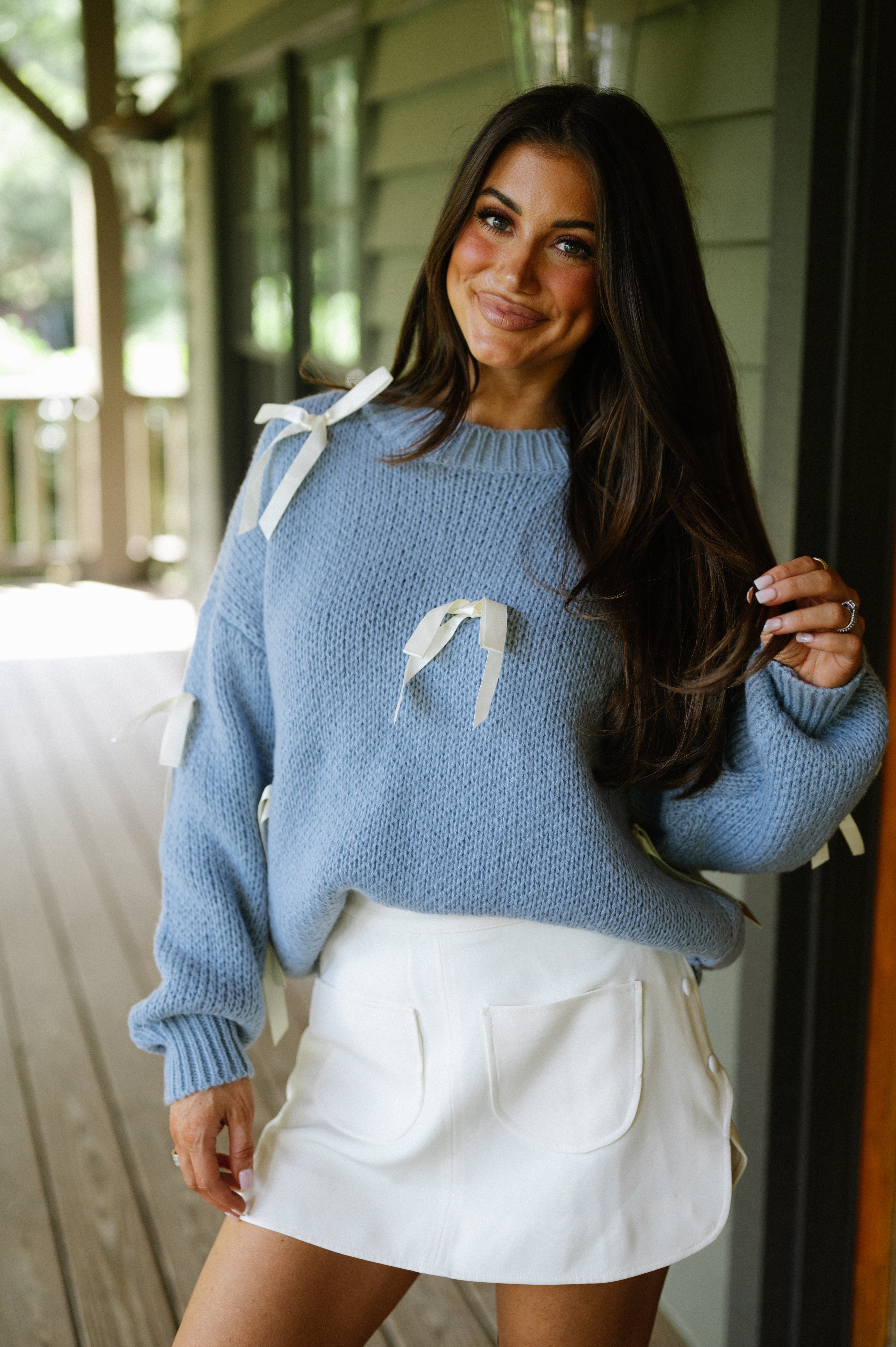 Satin Ribbon Pullover Sweater-Powder Blue