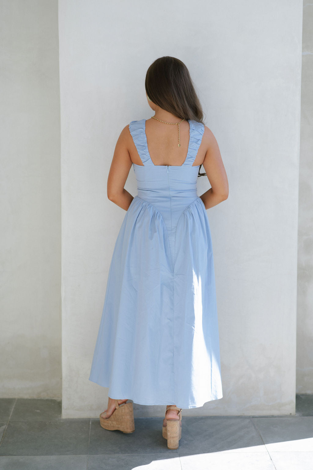 Square Neck Ruched Dress-Blue