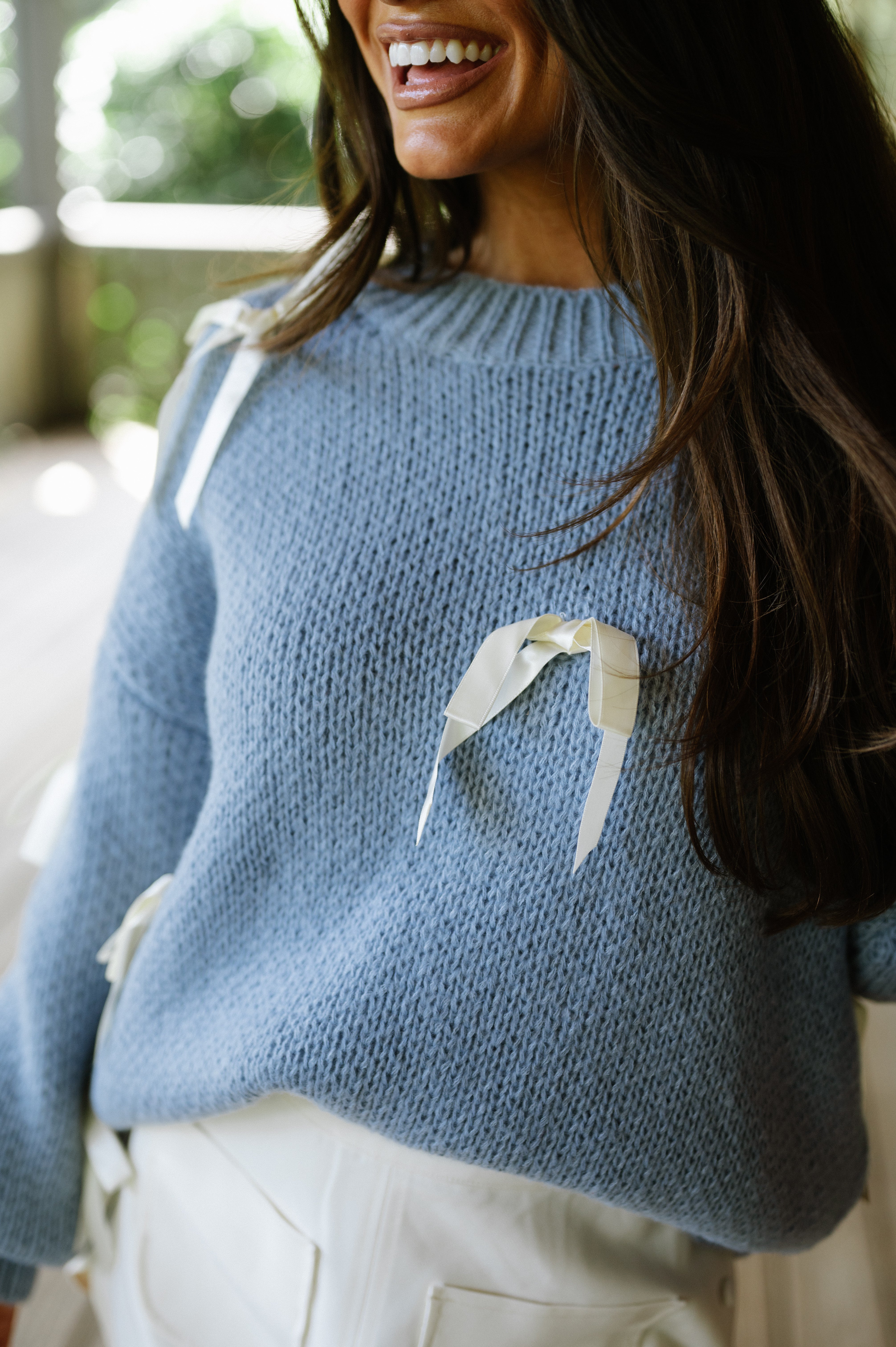 Satin Ribbon Pullover Sweater-Powder Blue