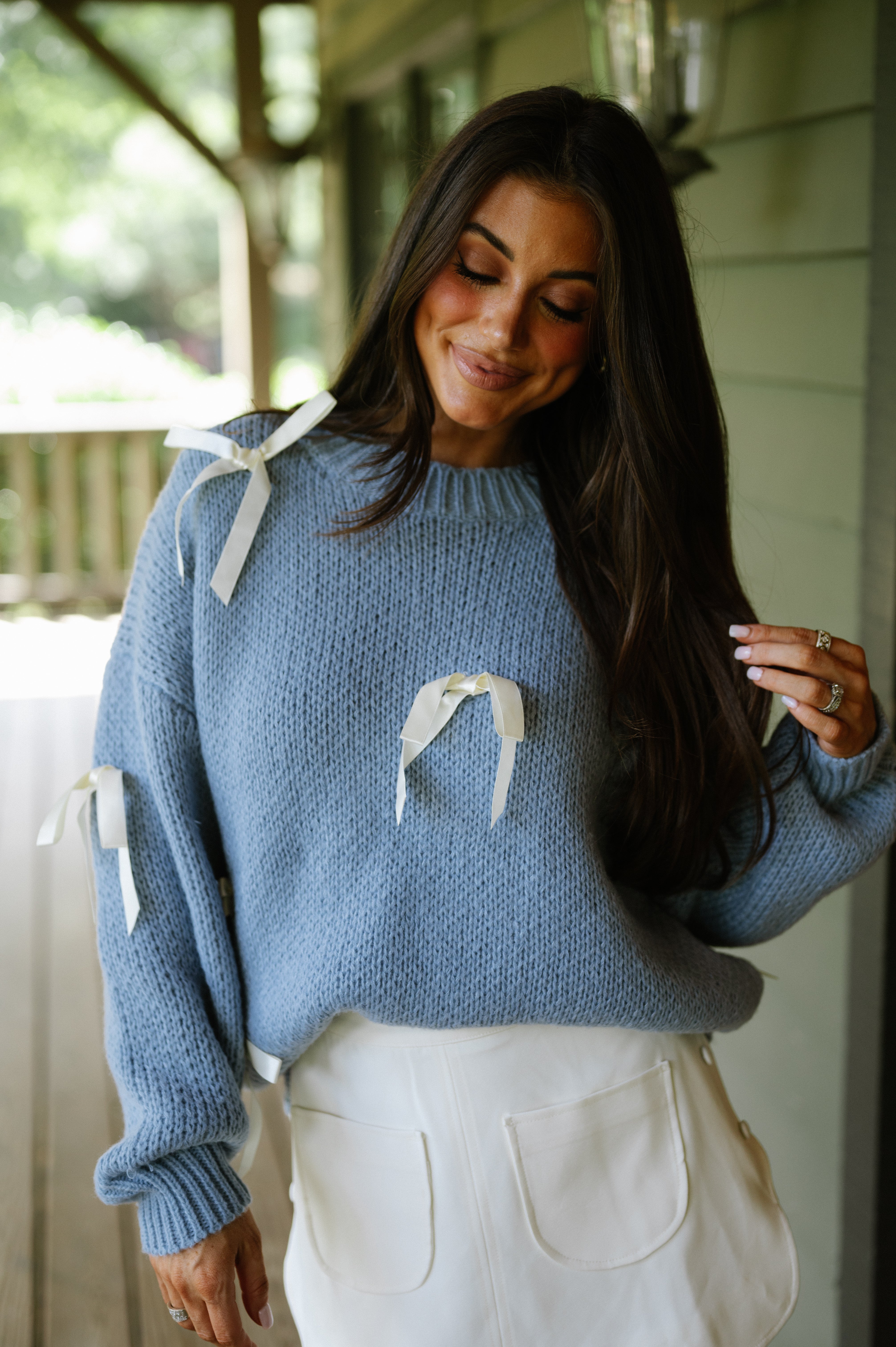 Satin Ribbon Pullover Sweater-Powder Blue