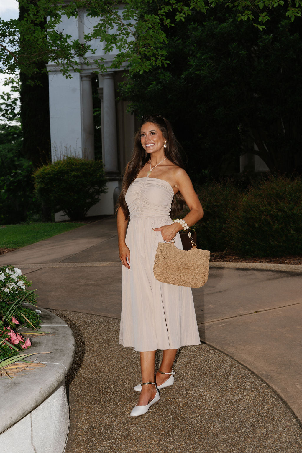 Halter Strap Flared Midi Dress-Beige