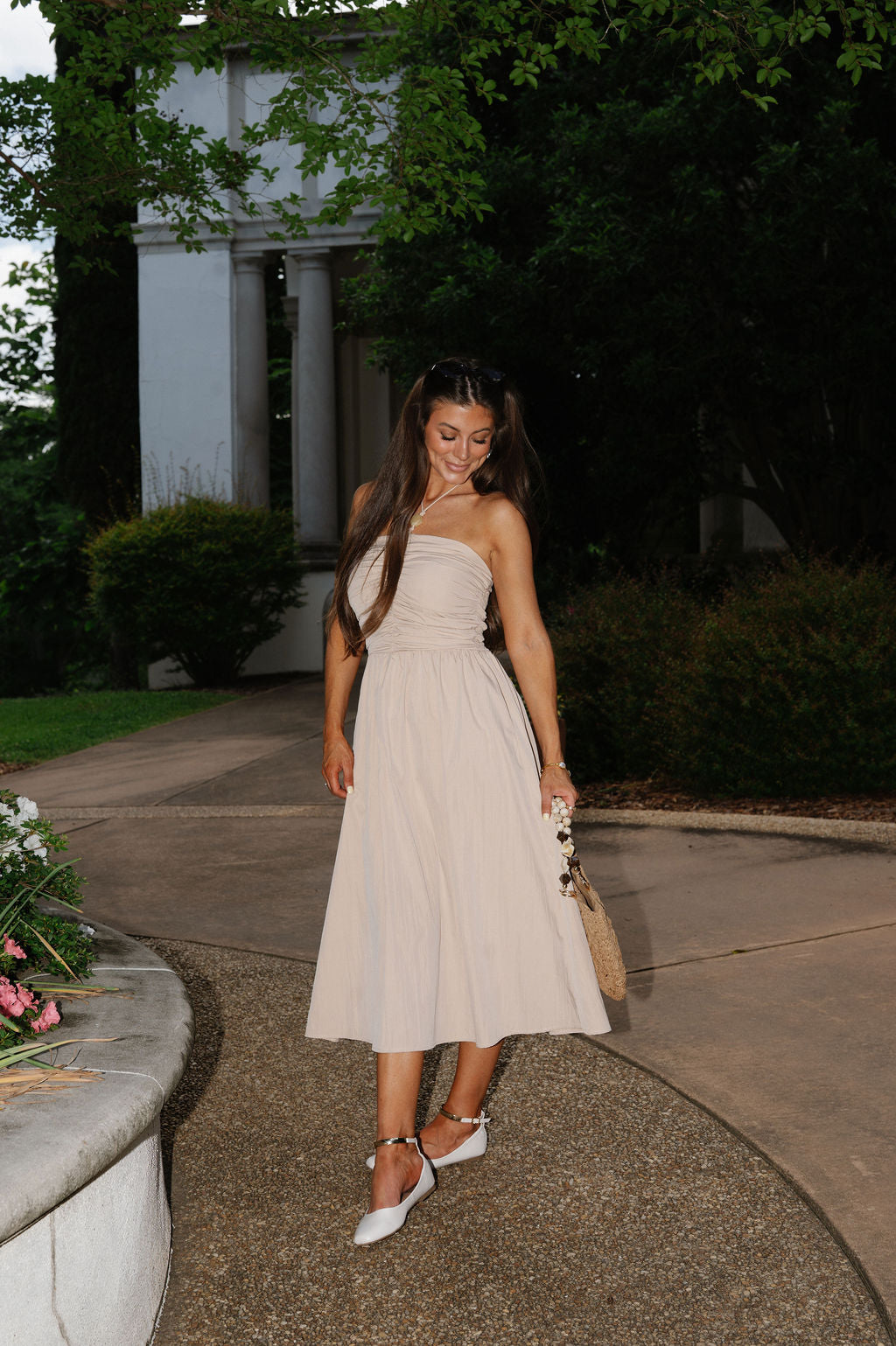 Halter Strap Flared Midi Dress-Beige
