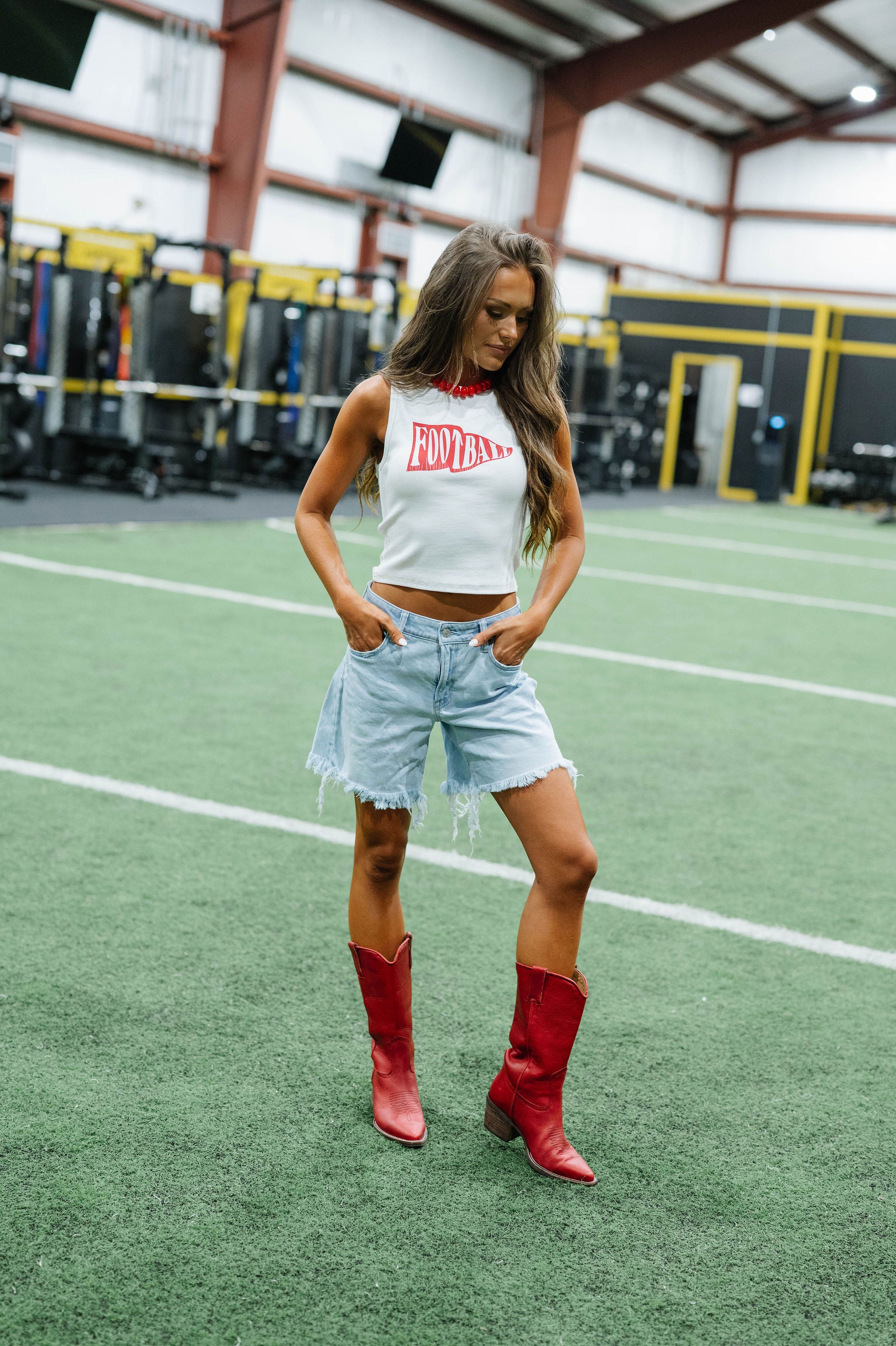 Sleeveless Round Neck Football Tank Top-White/Red