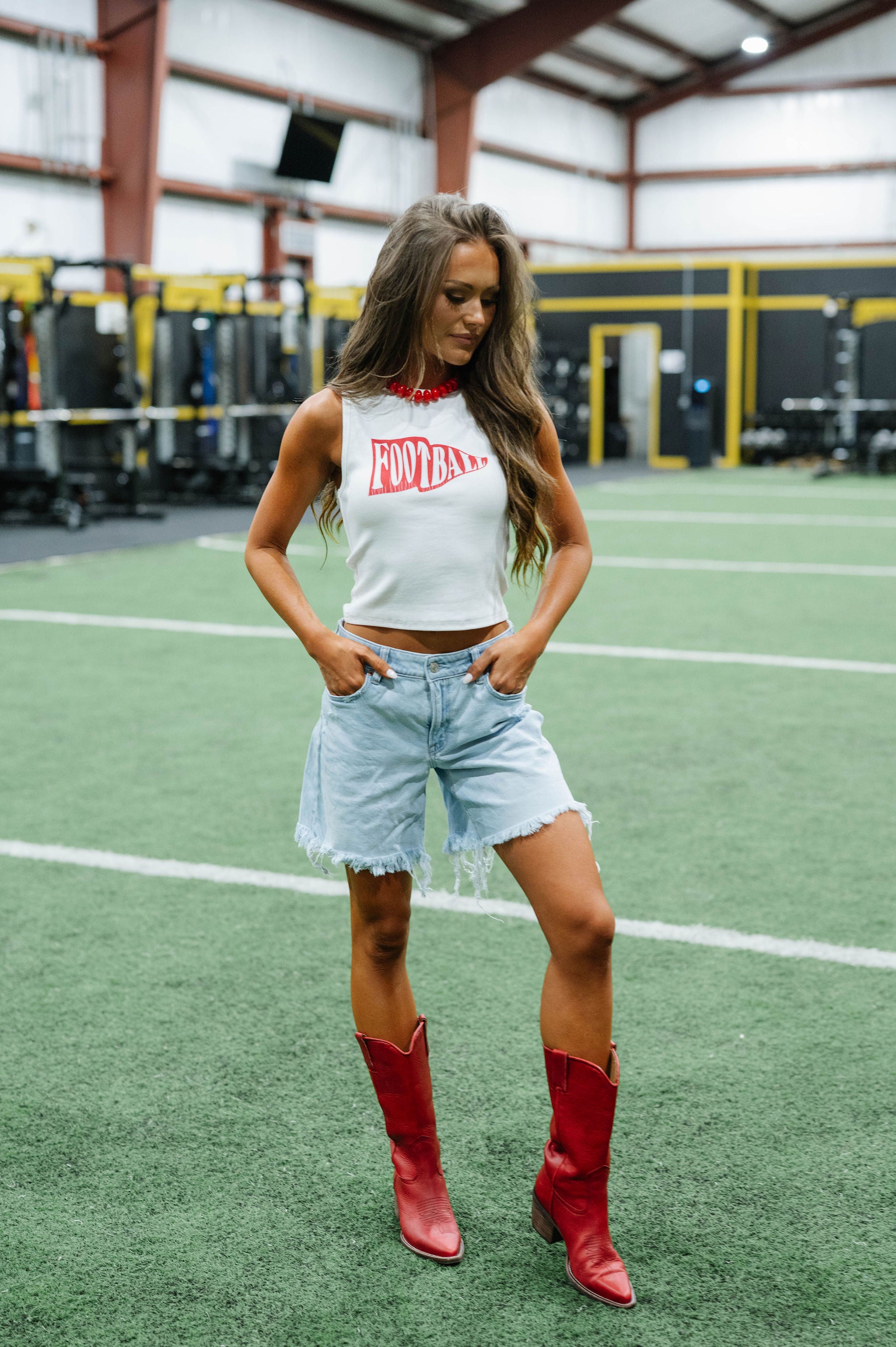 Sleeveless Round Neck Football Tank Top-White/Red