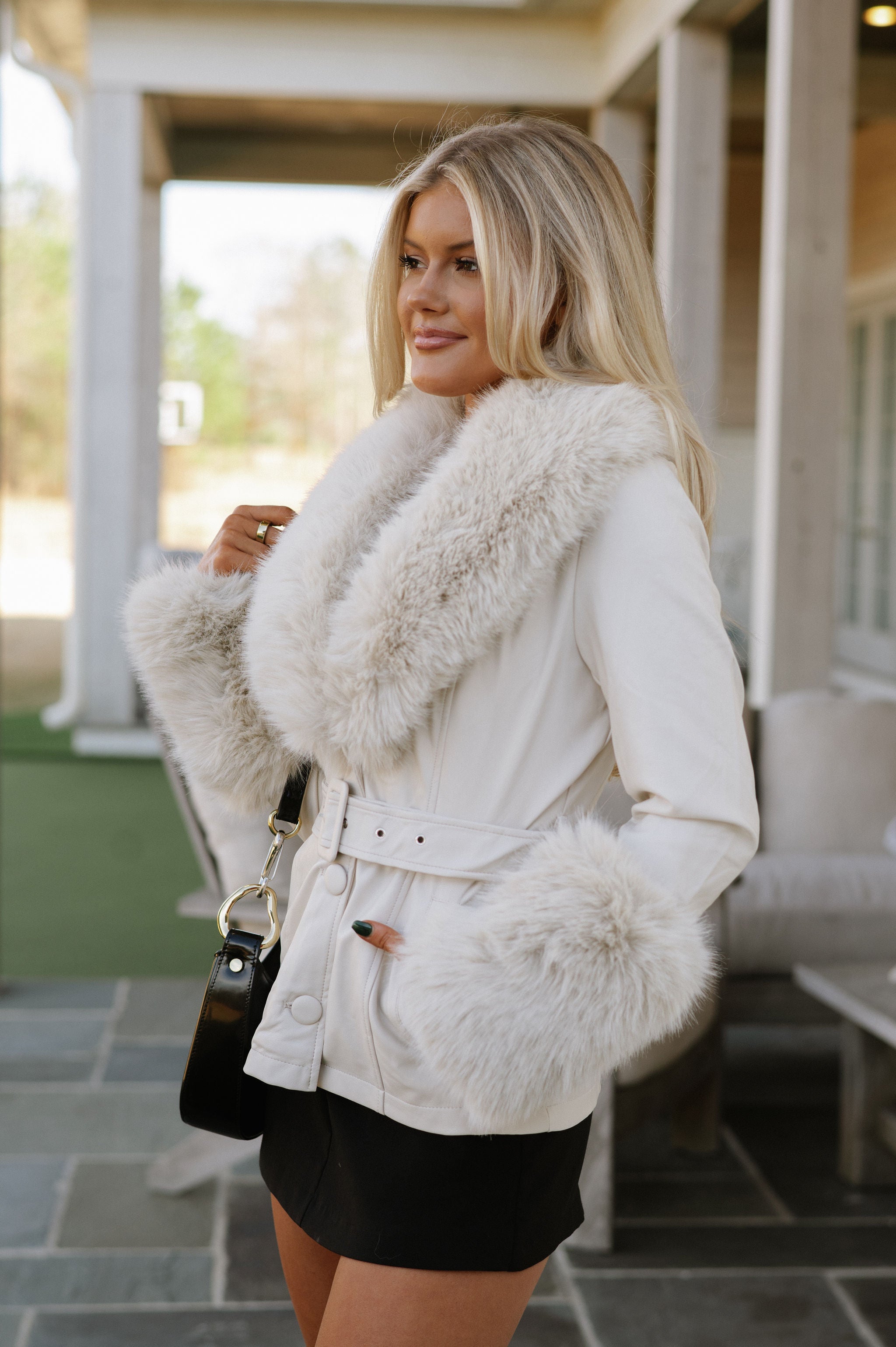 Faux Leather Fur Trim Jacket-Cream