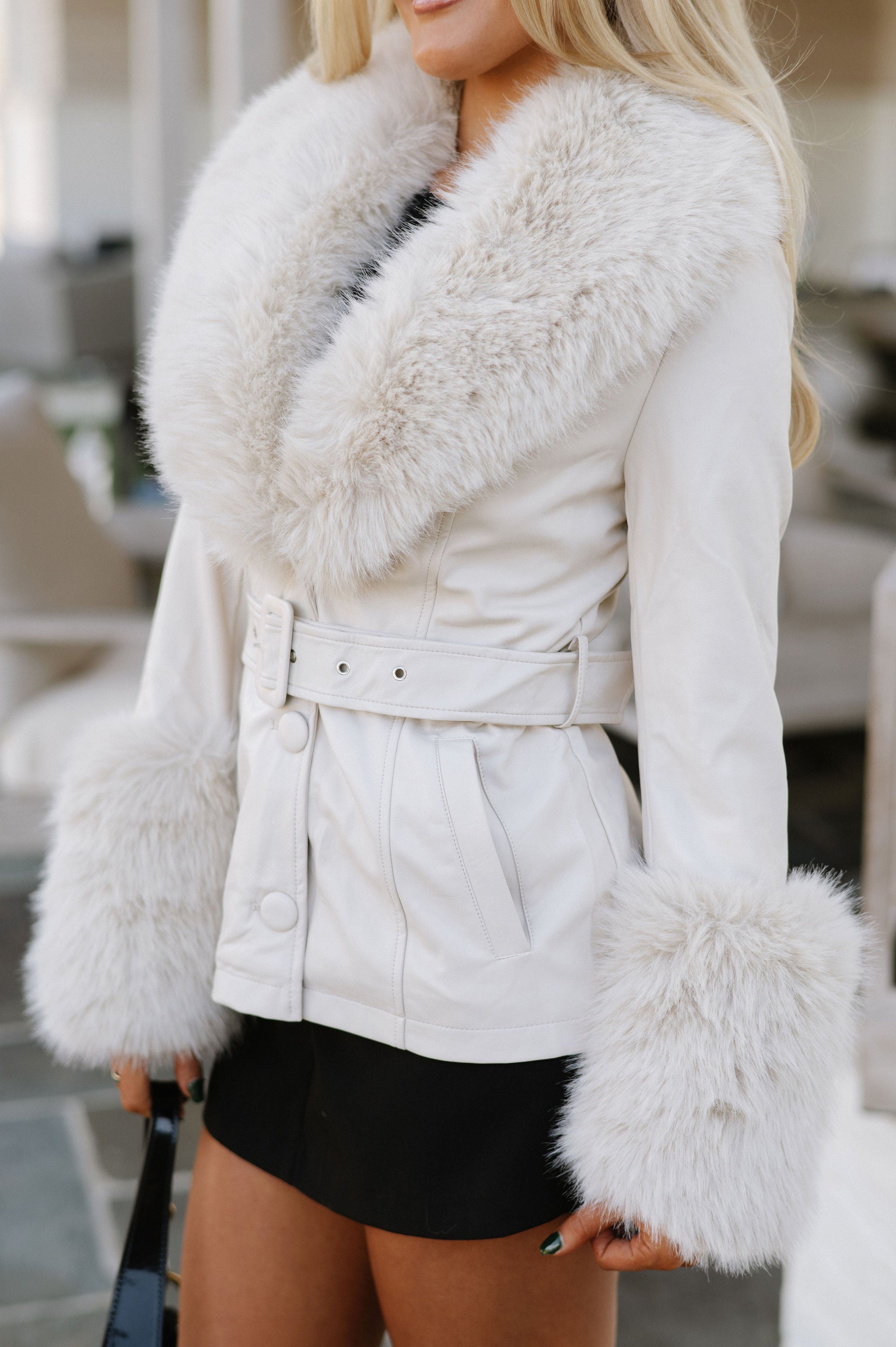 Faux Leather Fur Trim Jacket-Cream