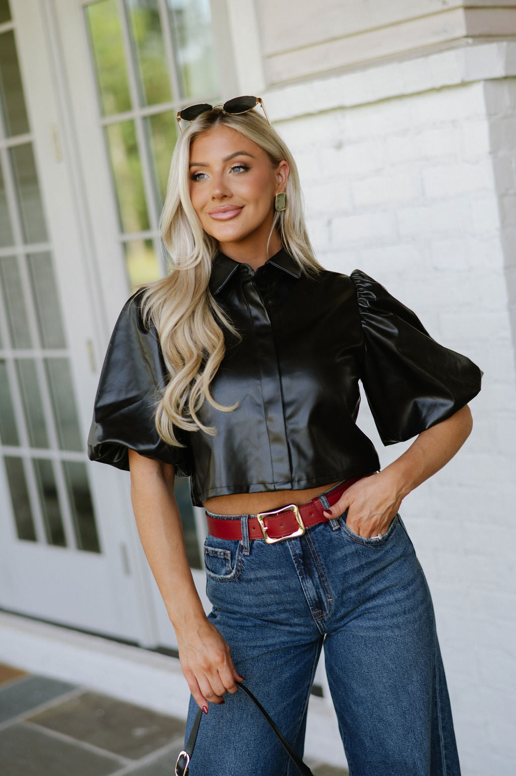 Bubble Sleeve Leather Top-Black