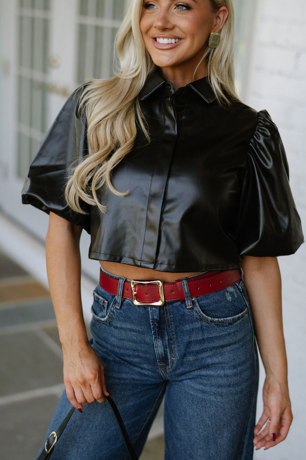 Bubble Sleeve Leather Top-Black