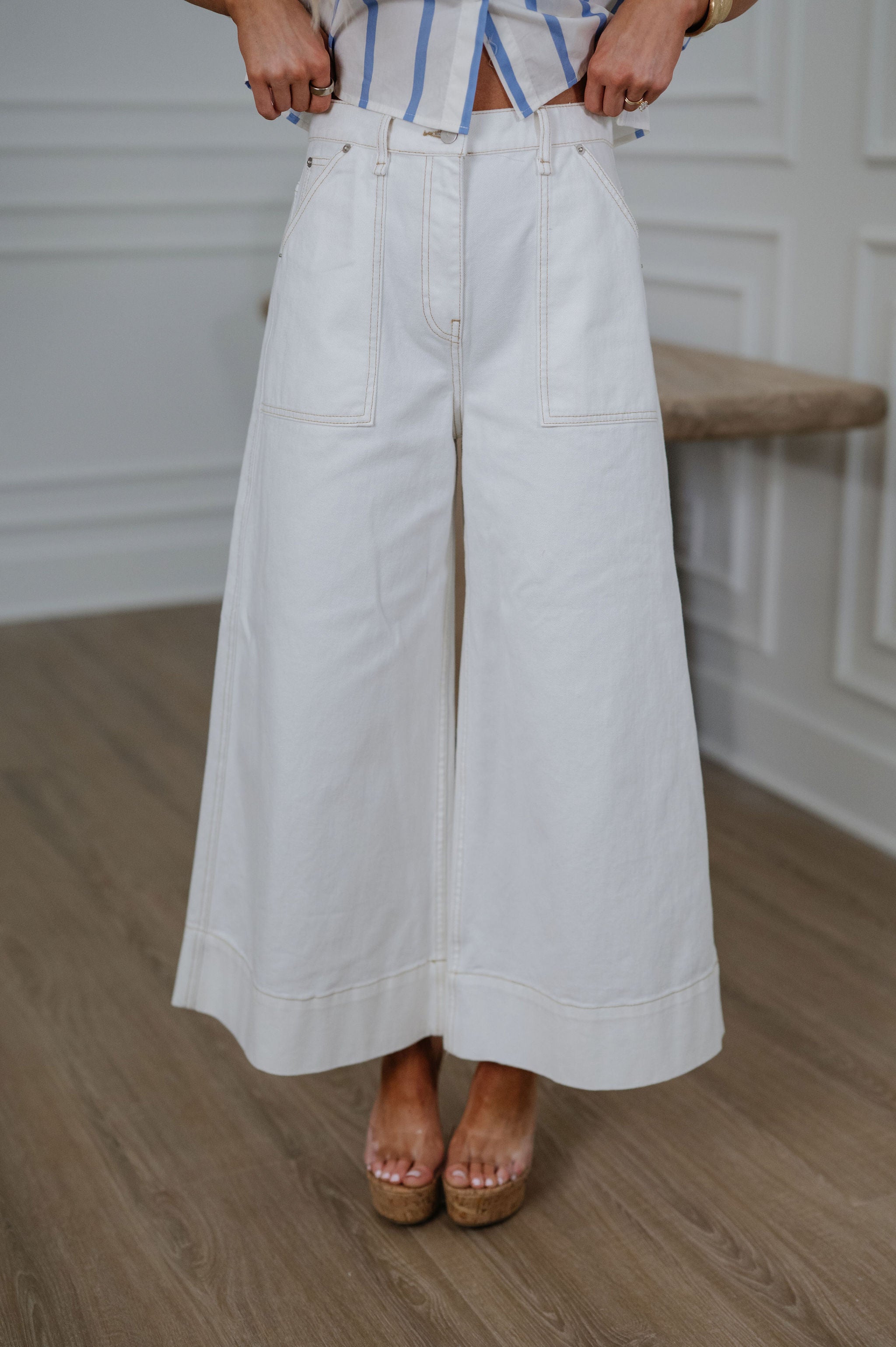 Stitch Detail Wide Leg Pant-Ecru