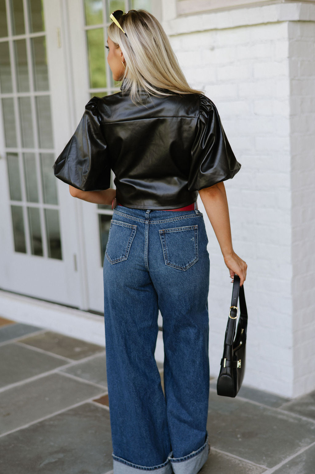 Bubble Sleeve Leather Top-Black