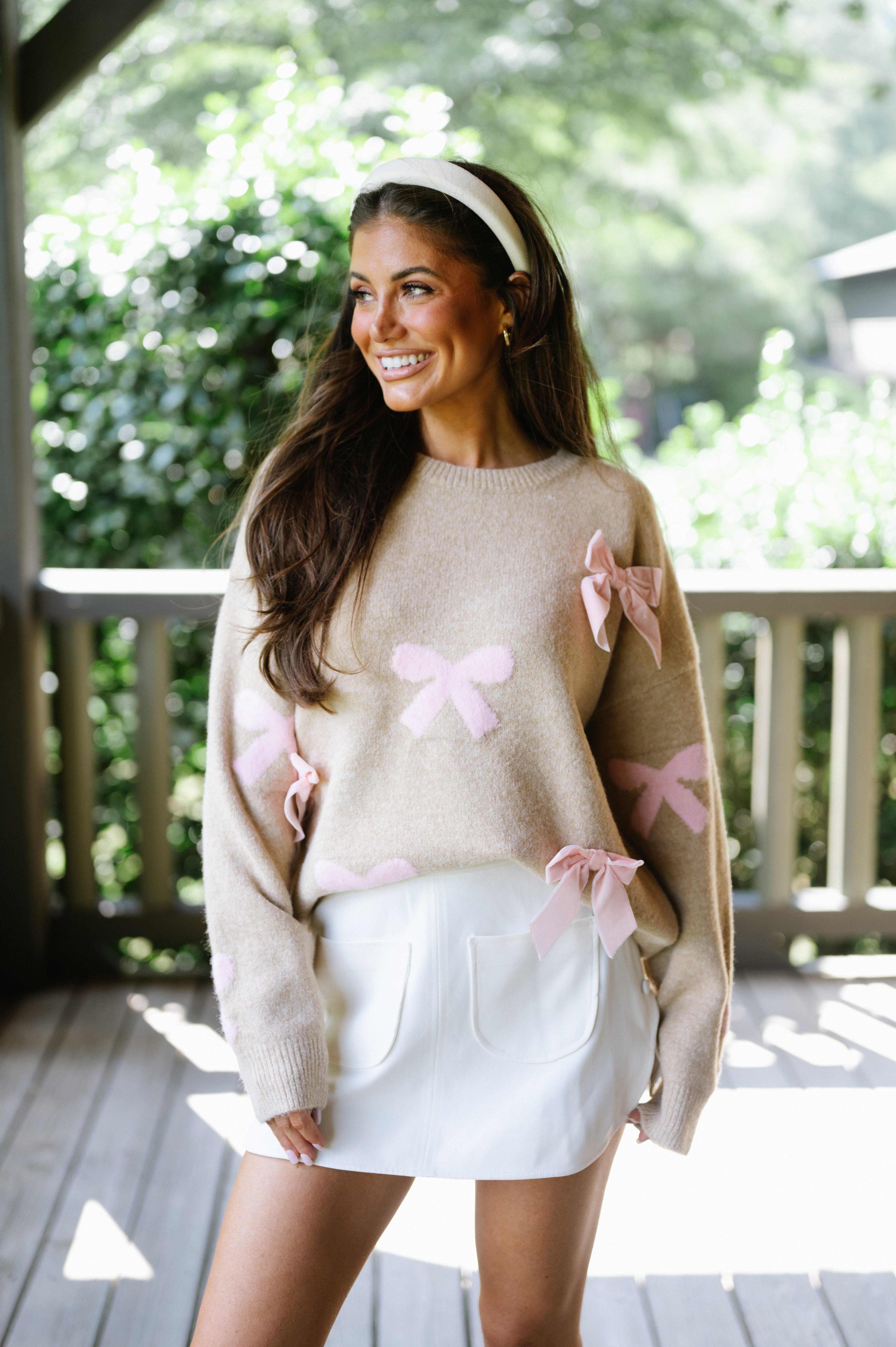 Velvet Bow Sweater-Taupe/Light Pink