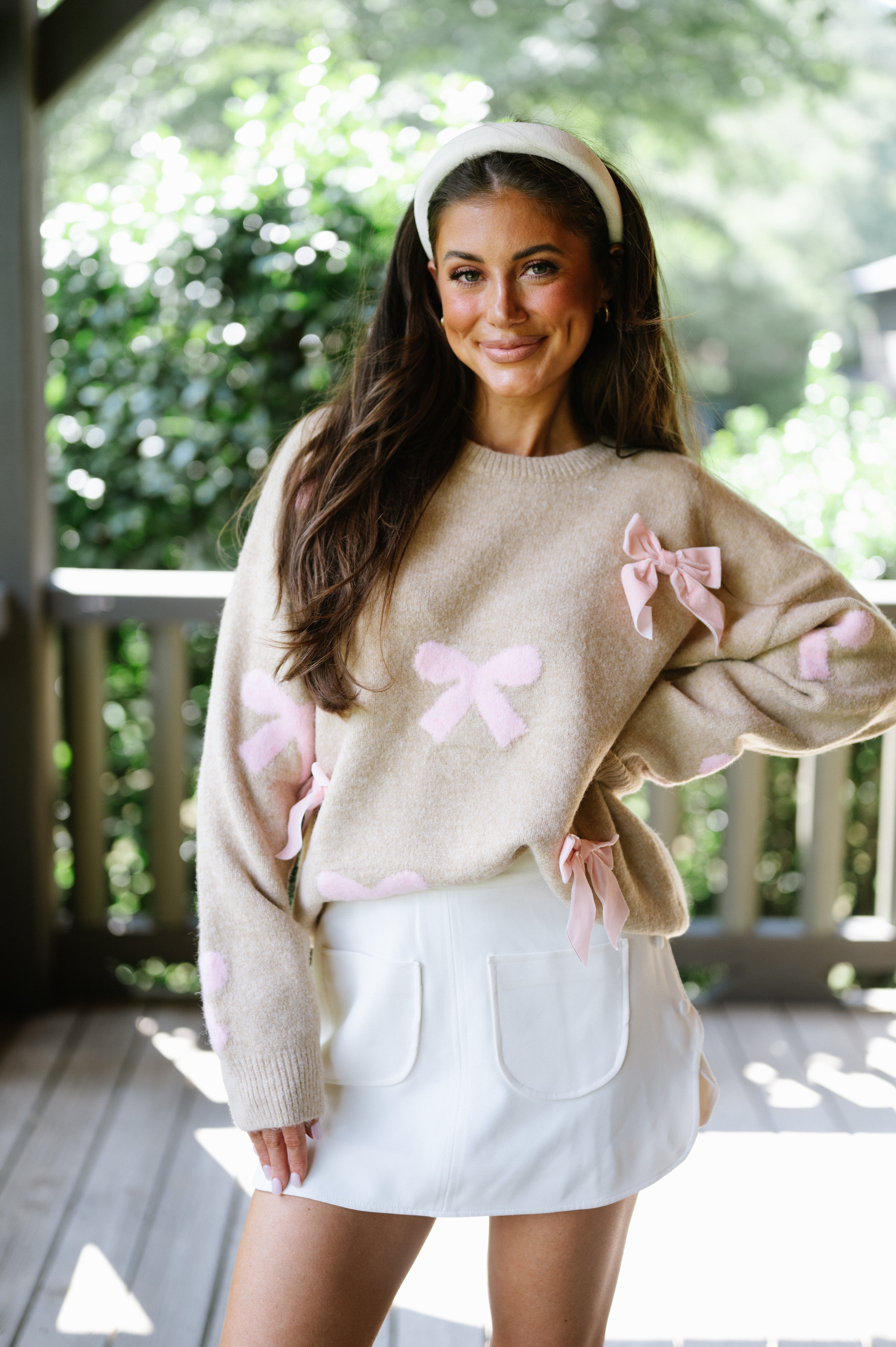 Velvet Bow Sweater-Taupe/Light Pink