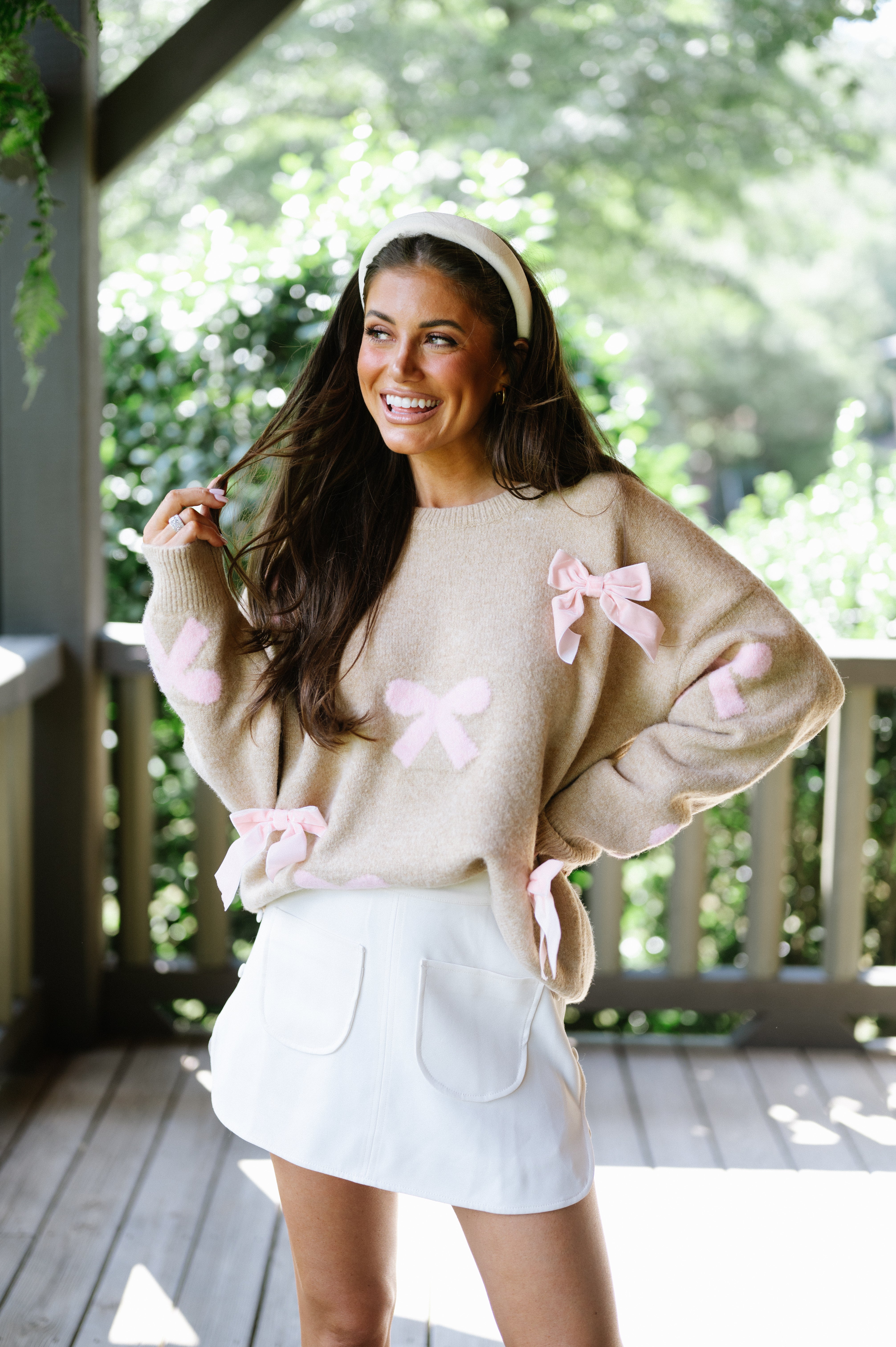 Velvet Bow Sweater-Taupe/Light Pink