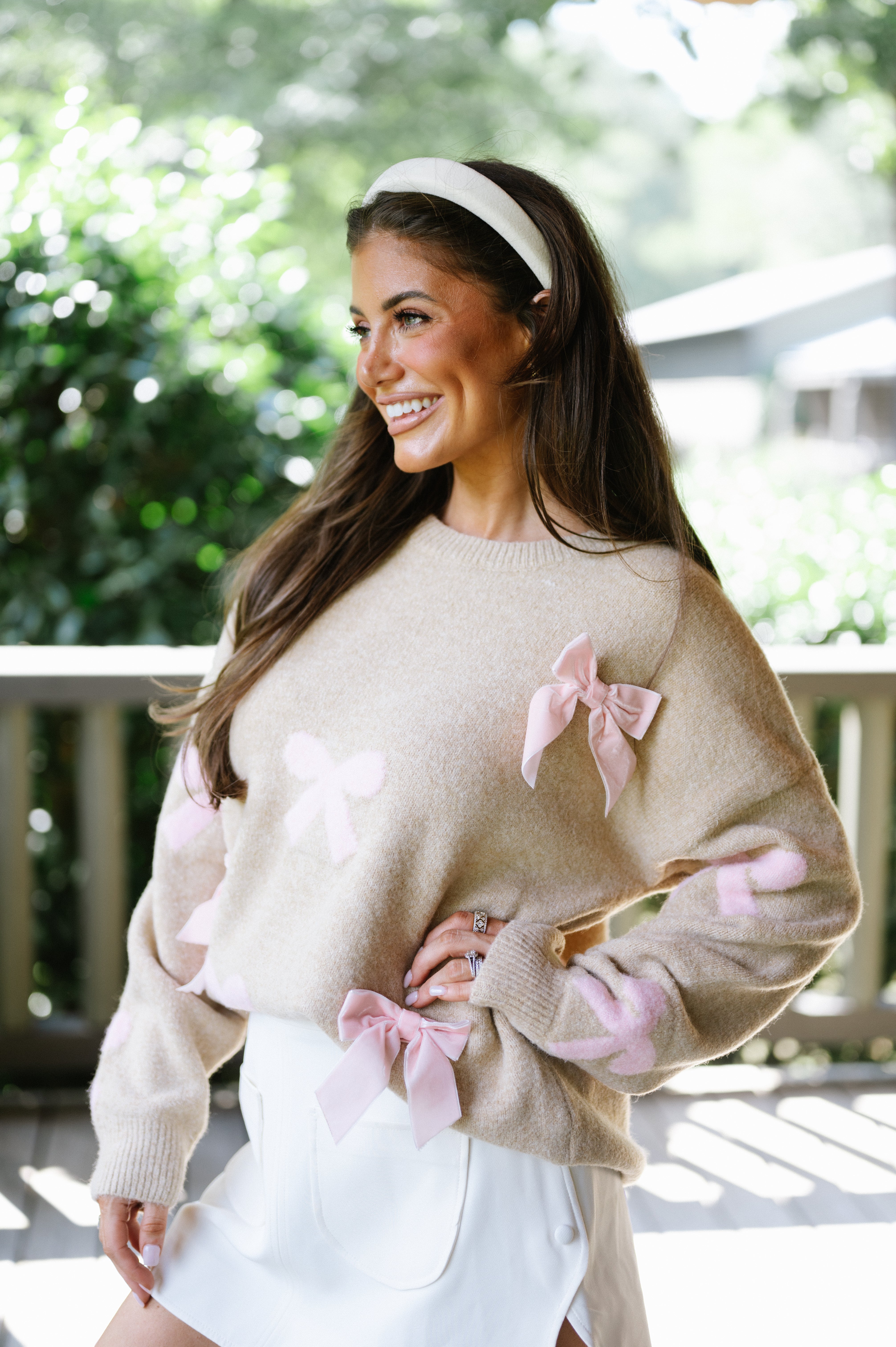 Velvet Bow Sweater-Taupe/Light Pink