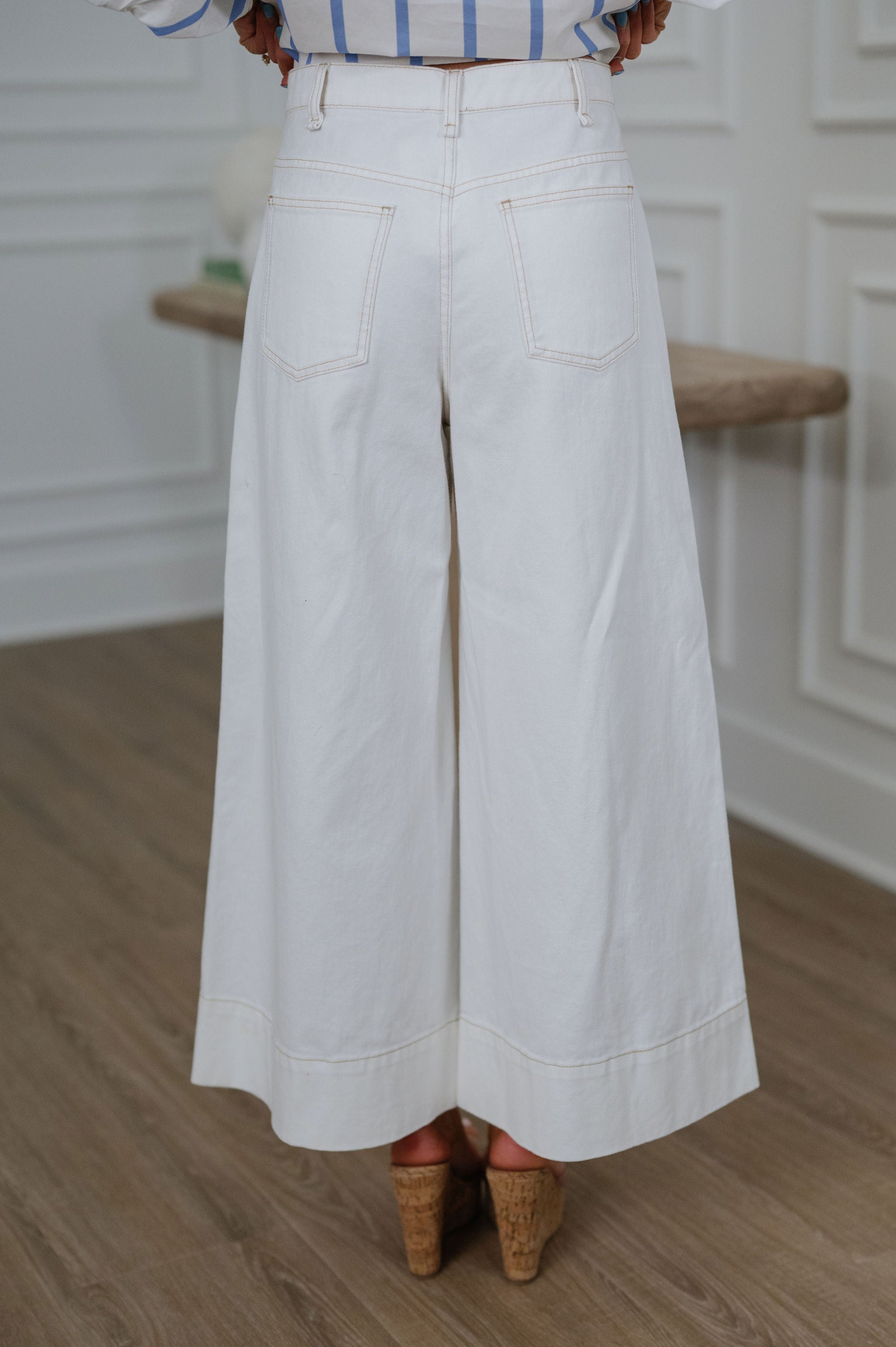 Stitch Detail Wide Leg Pant-Ecru