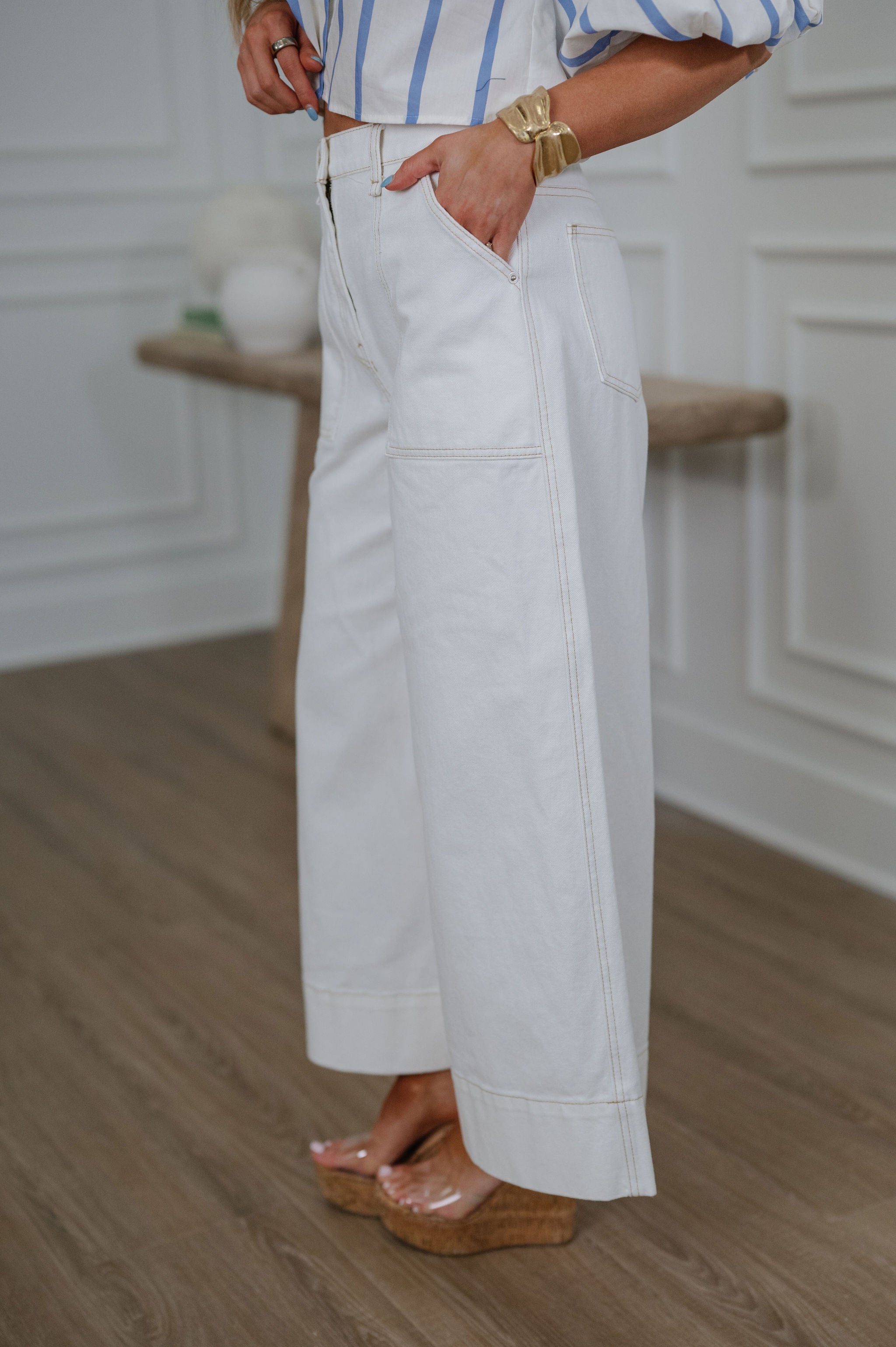 Stitch Detail Wide Leg Pant-Ecru