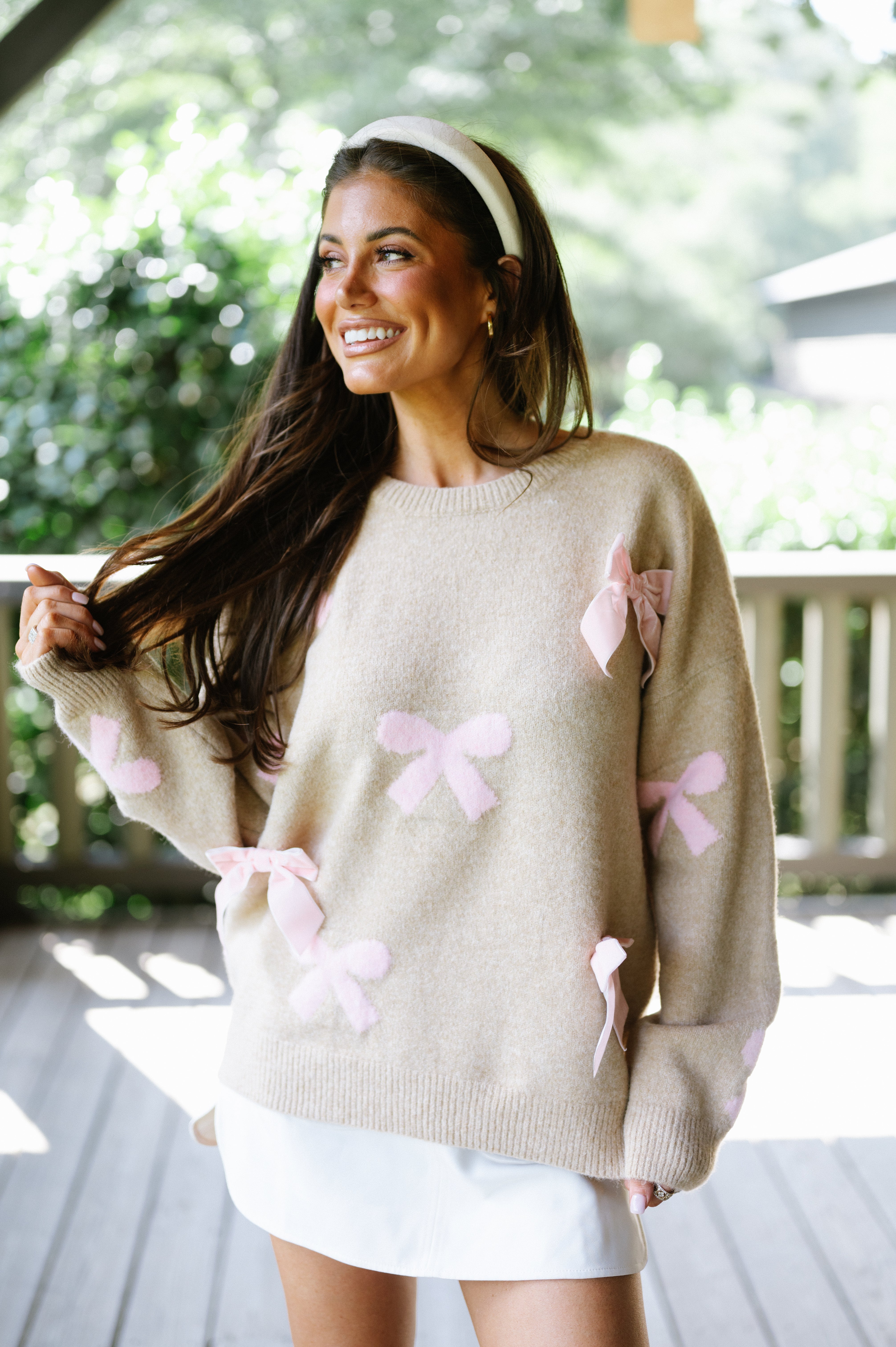 Velvet Bow Sweater-Taupe/Light Pink