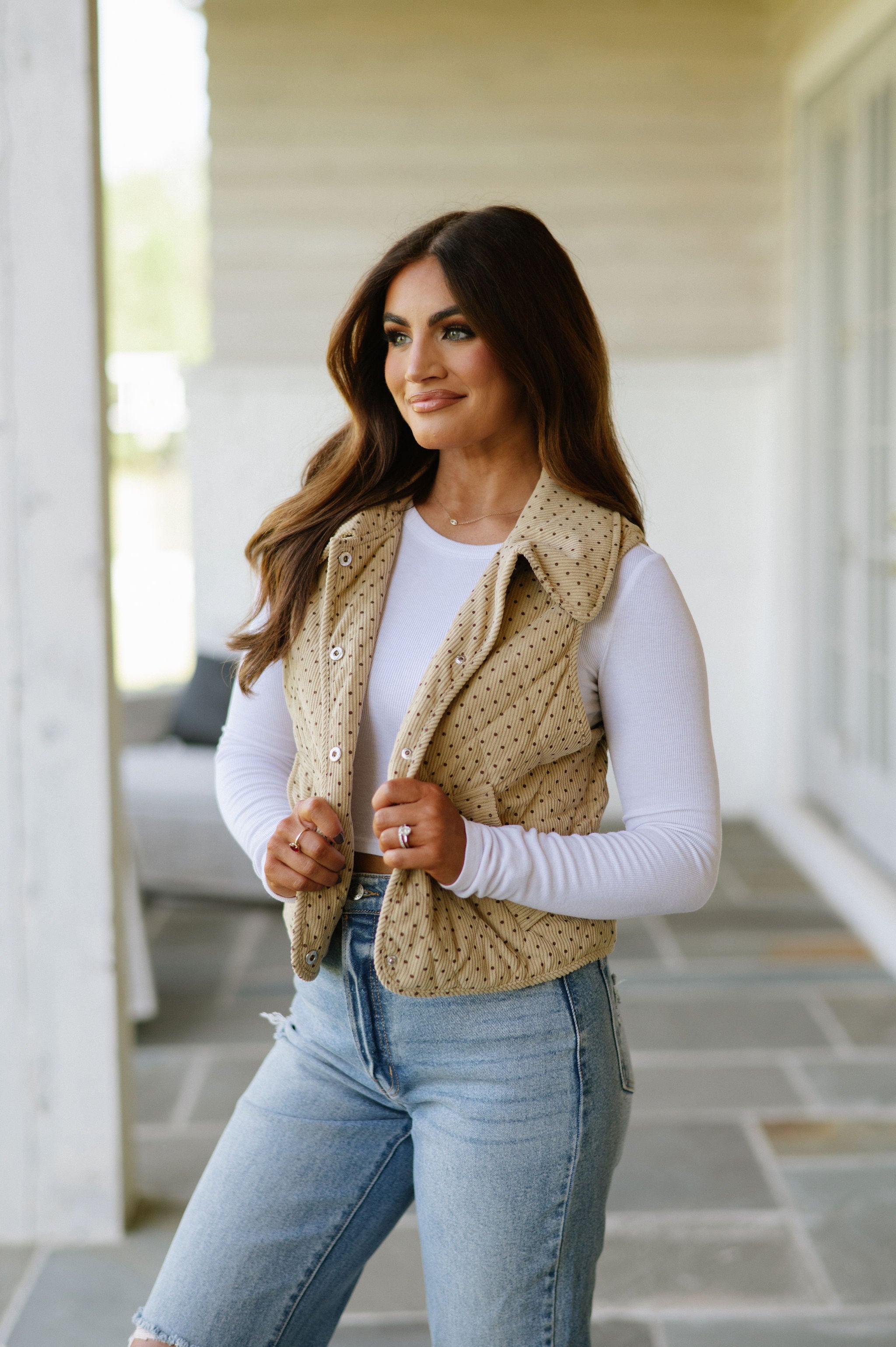 Polka Dot Quilted Corduroy Vest-Beige