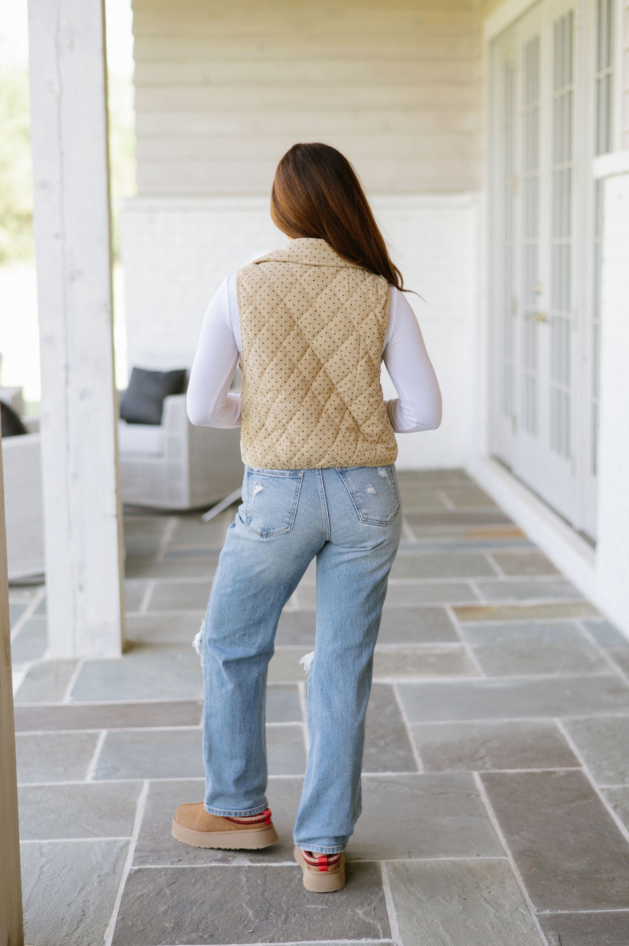 Polka Dot Quilted Corduroy Vest-Beige