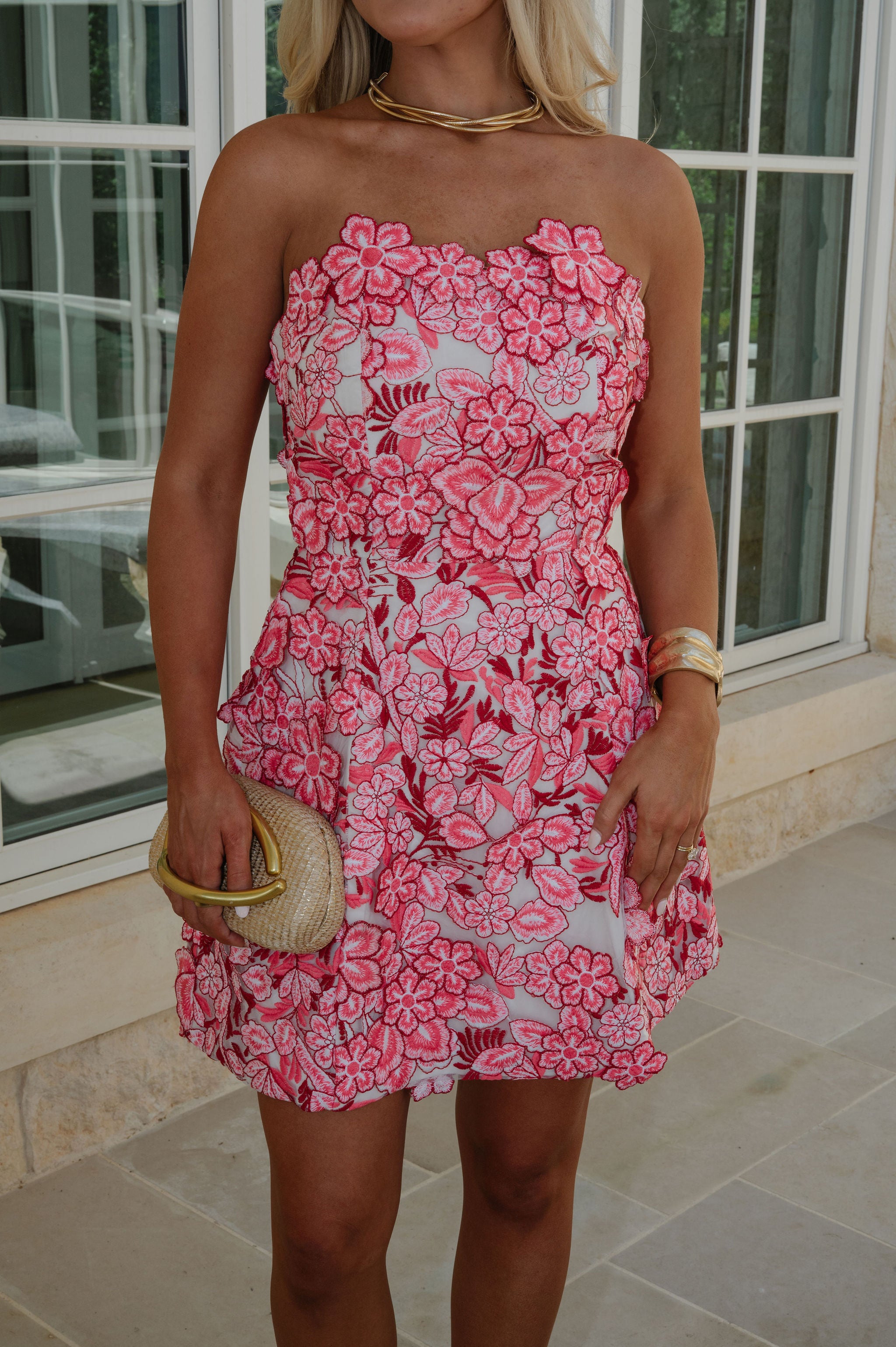 Floral Applique Strapless Mini Dress-Pink