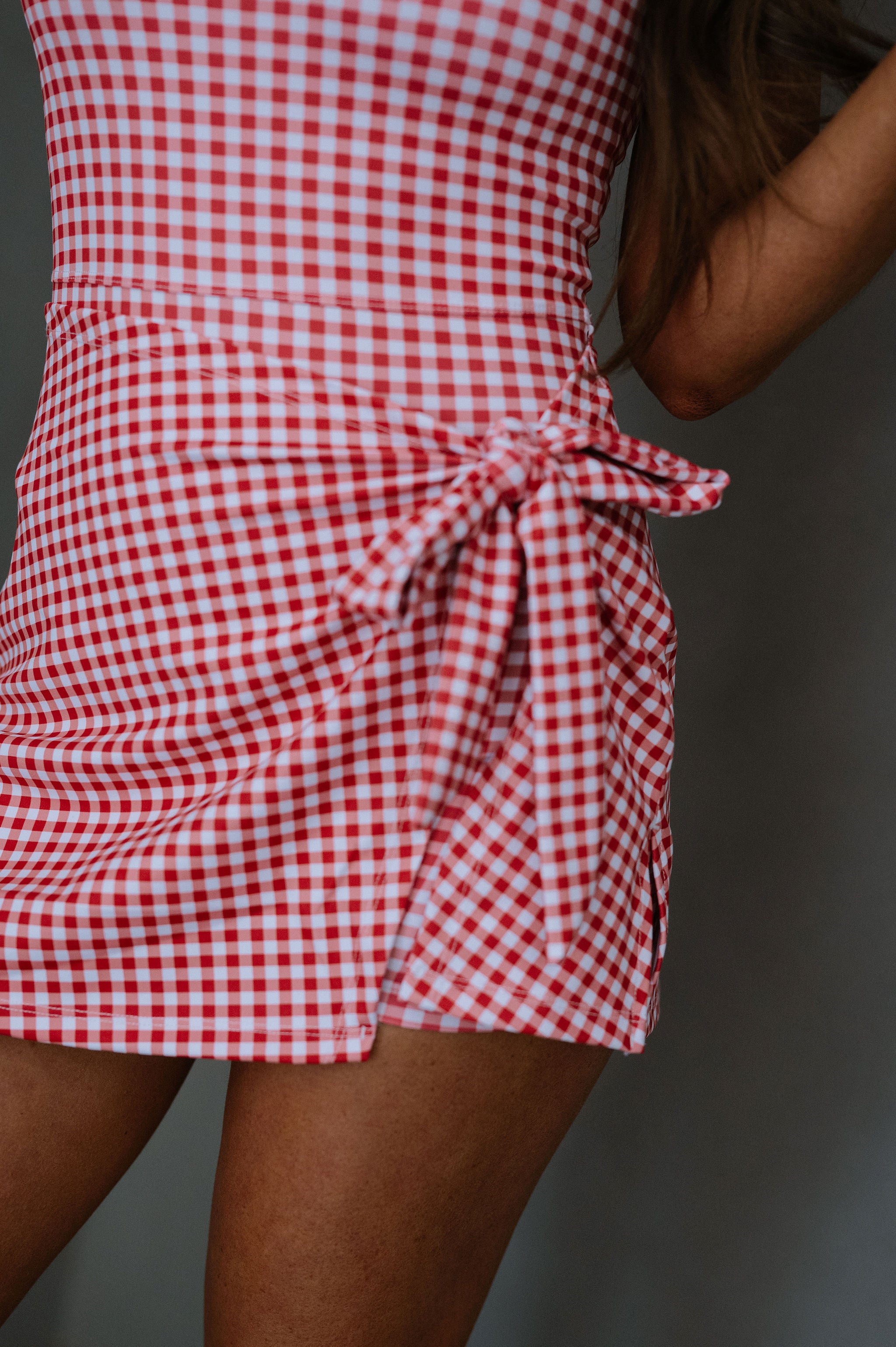 Gingham Wrap Tie Dress-Red