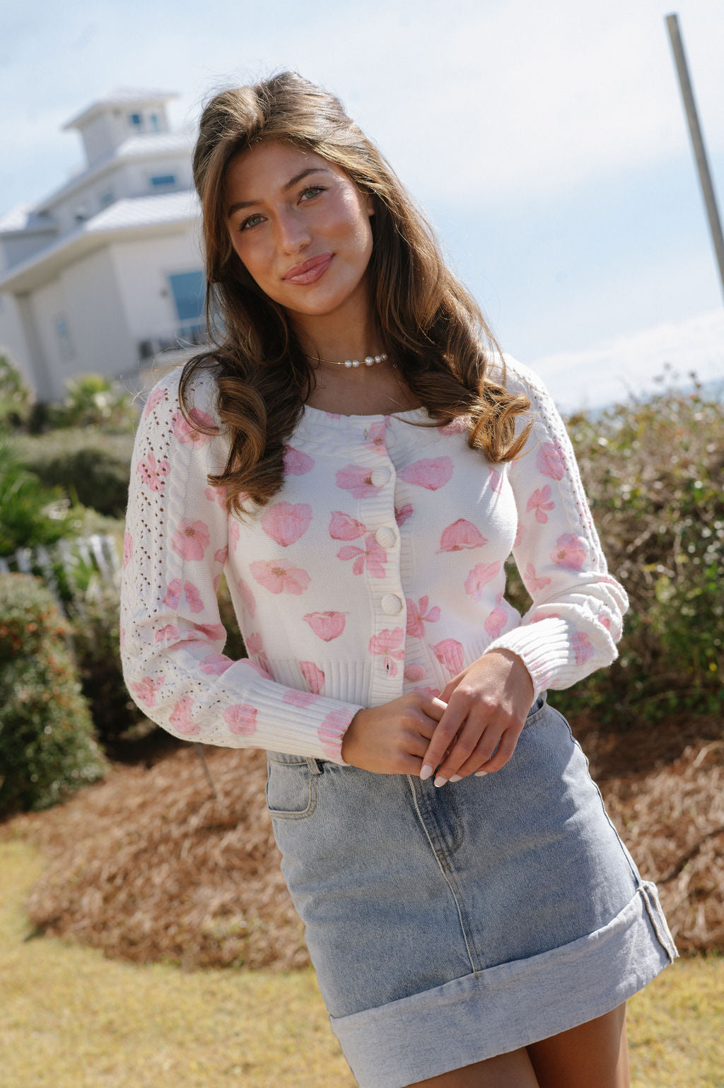 Flower Cropped Cardigan- Ivory/Pink