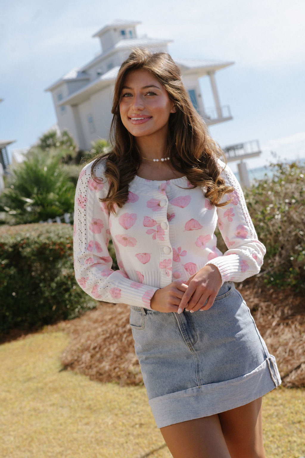 Flower Cropped Cardigan- Ivory/Pink