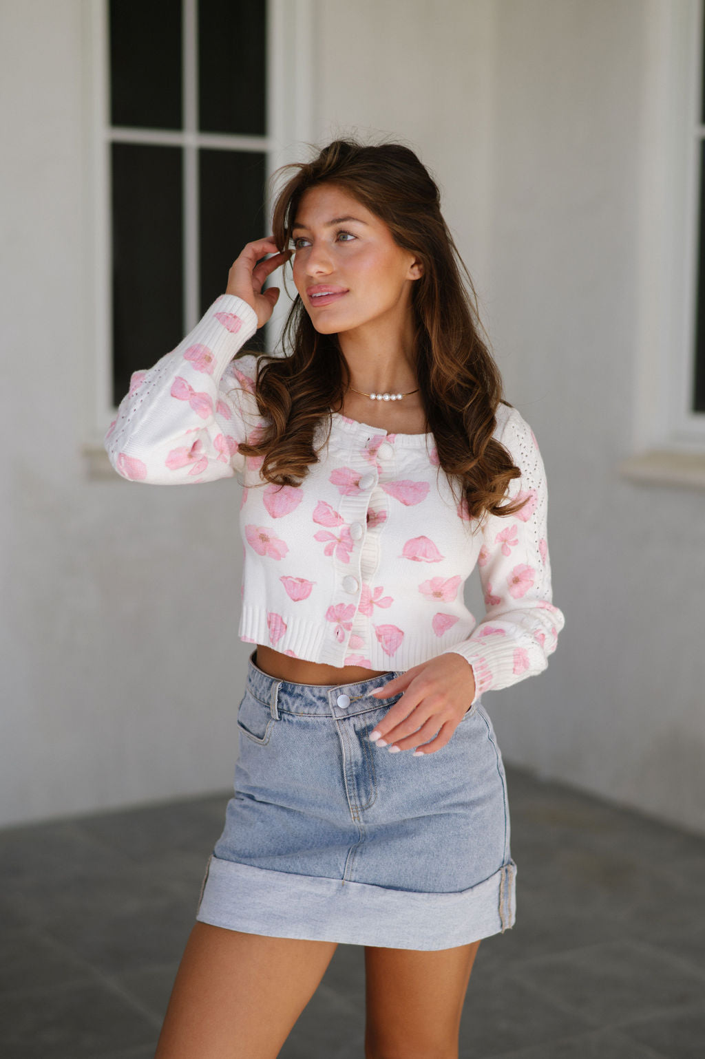 Flower Cropped Cardigan- Ivory/Pink