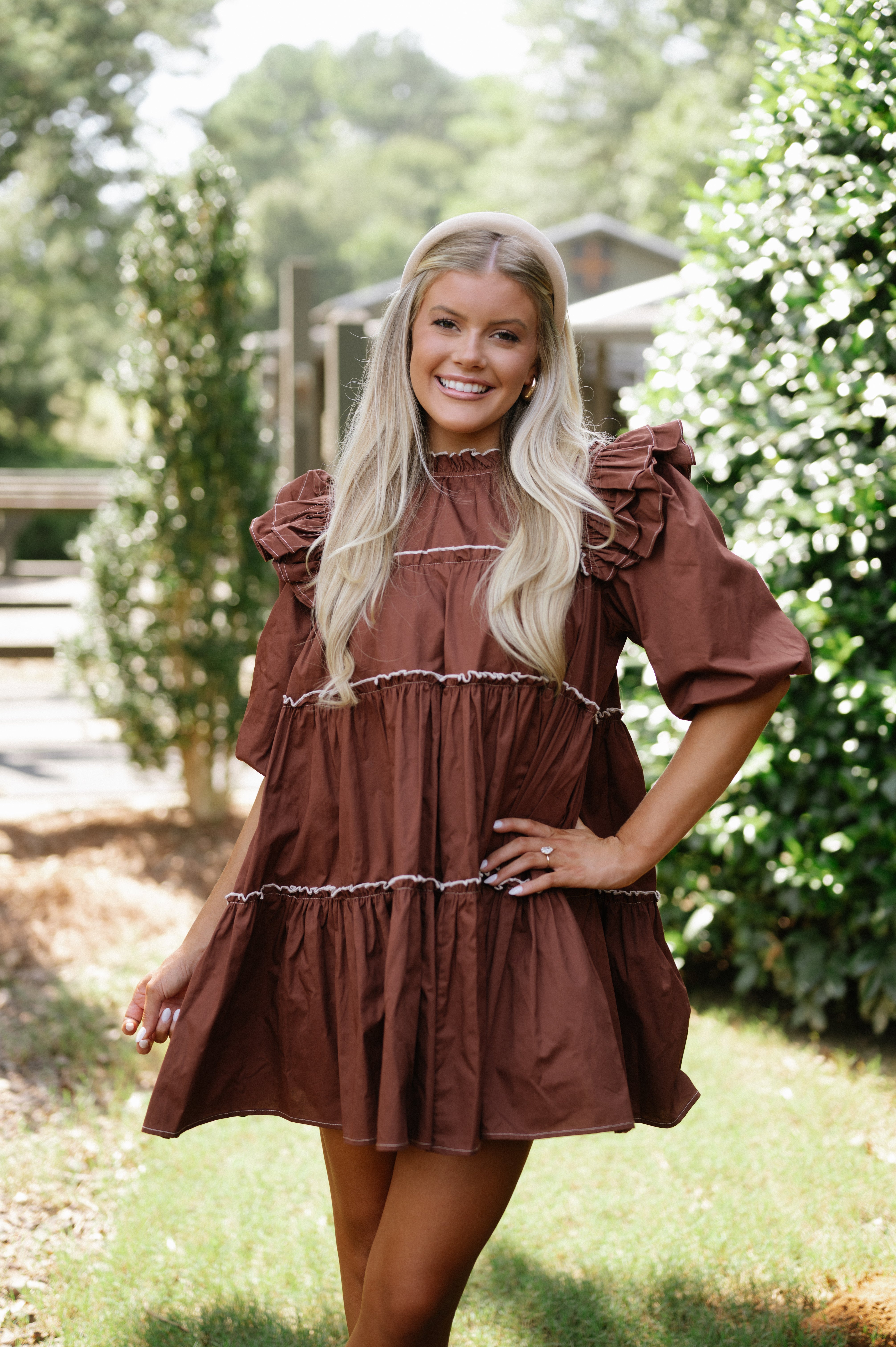 Babydoll Tiered Mini Dress-Brown