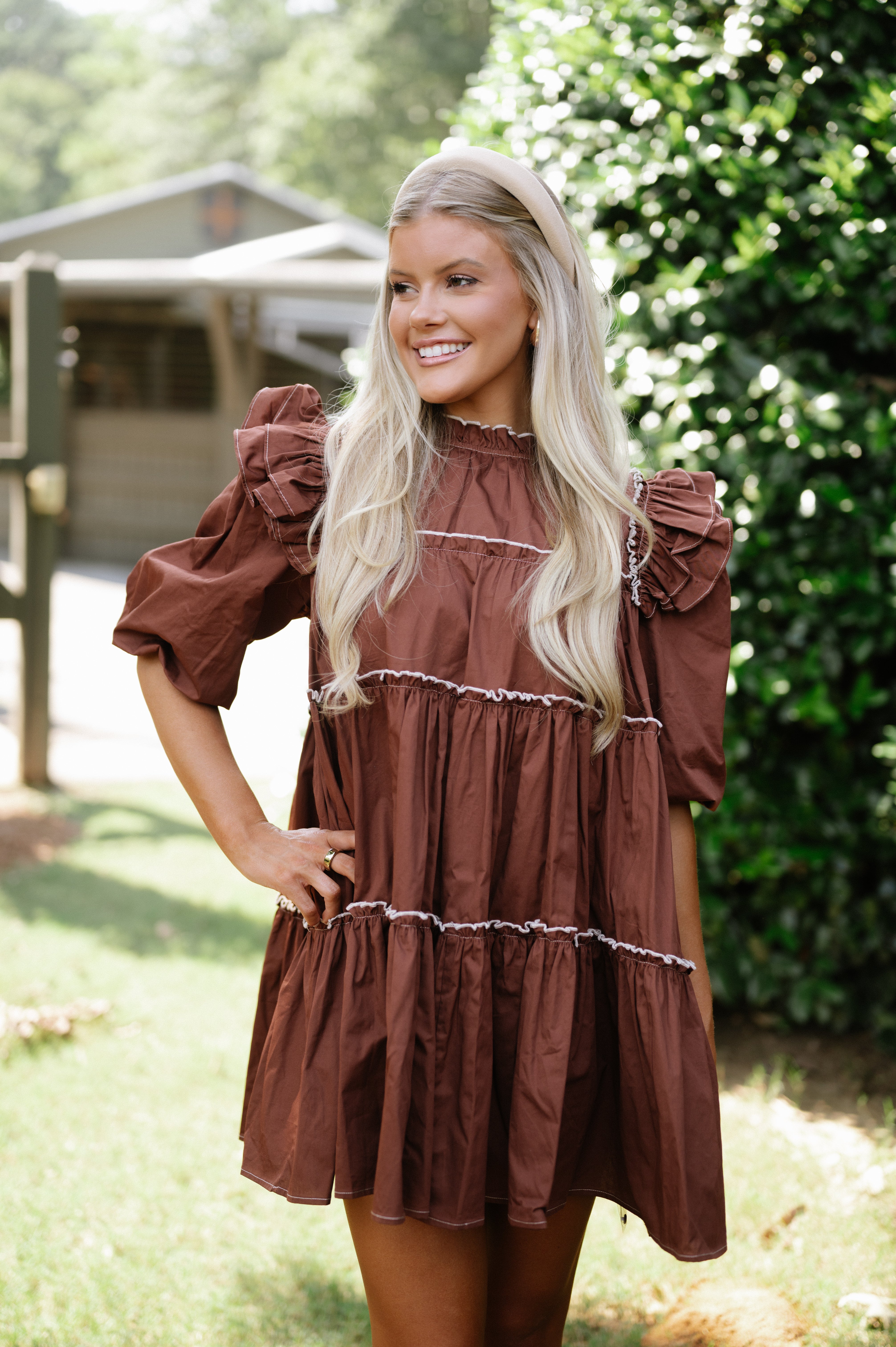 Babydoll Tiered Mini Dress-Brown