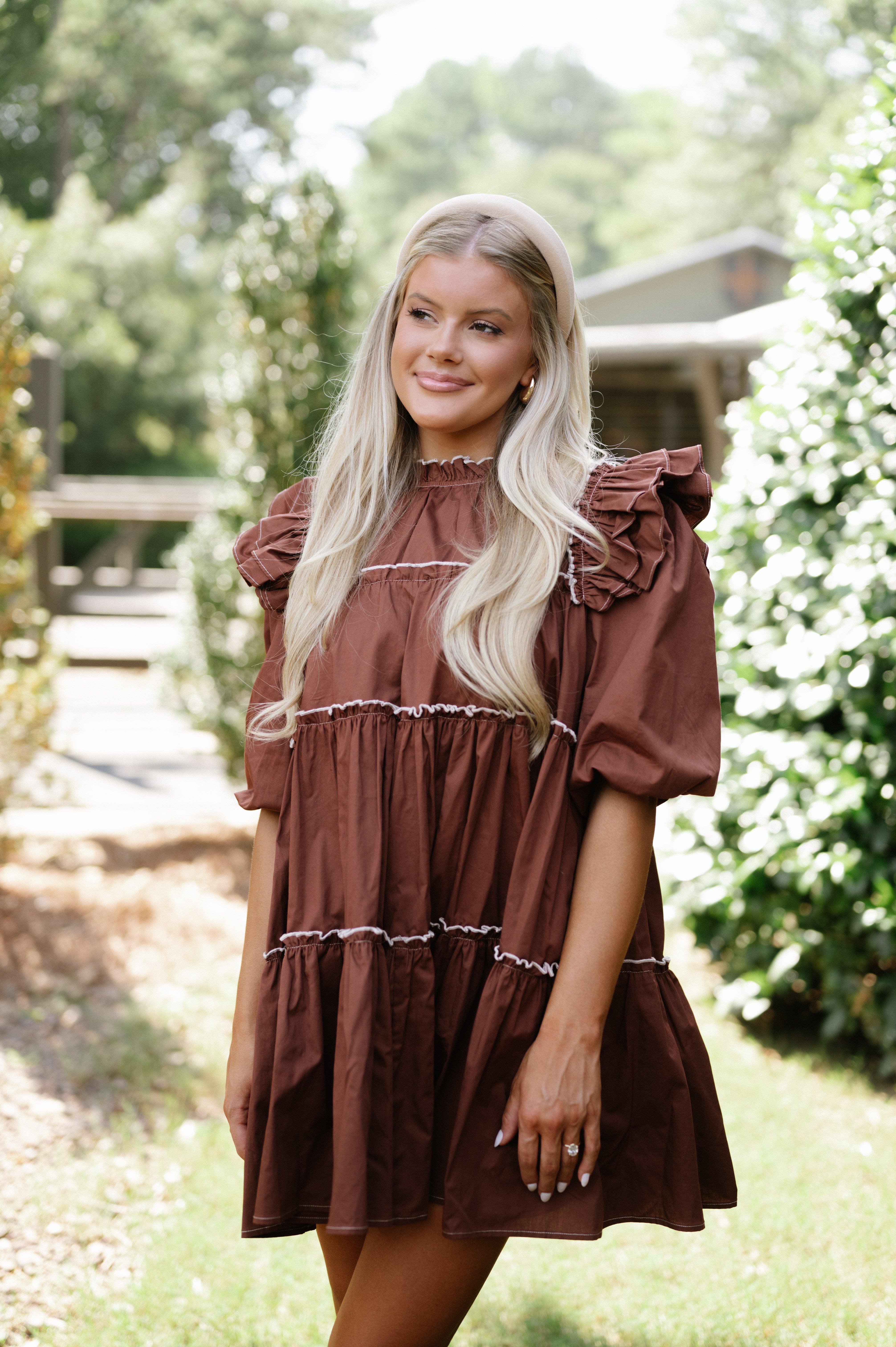 Babydoll Tiered Mini Dress-Brown