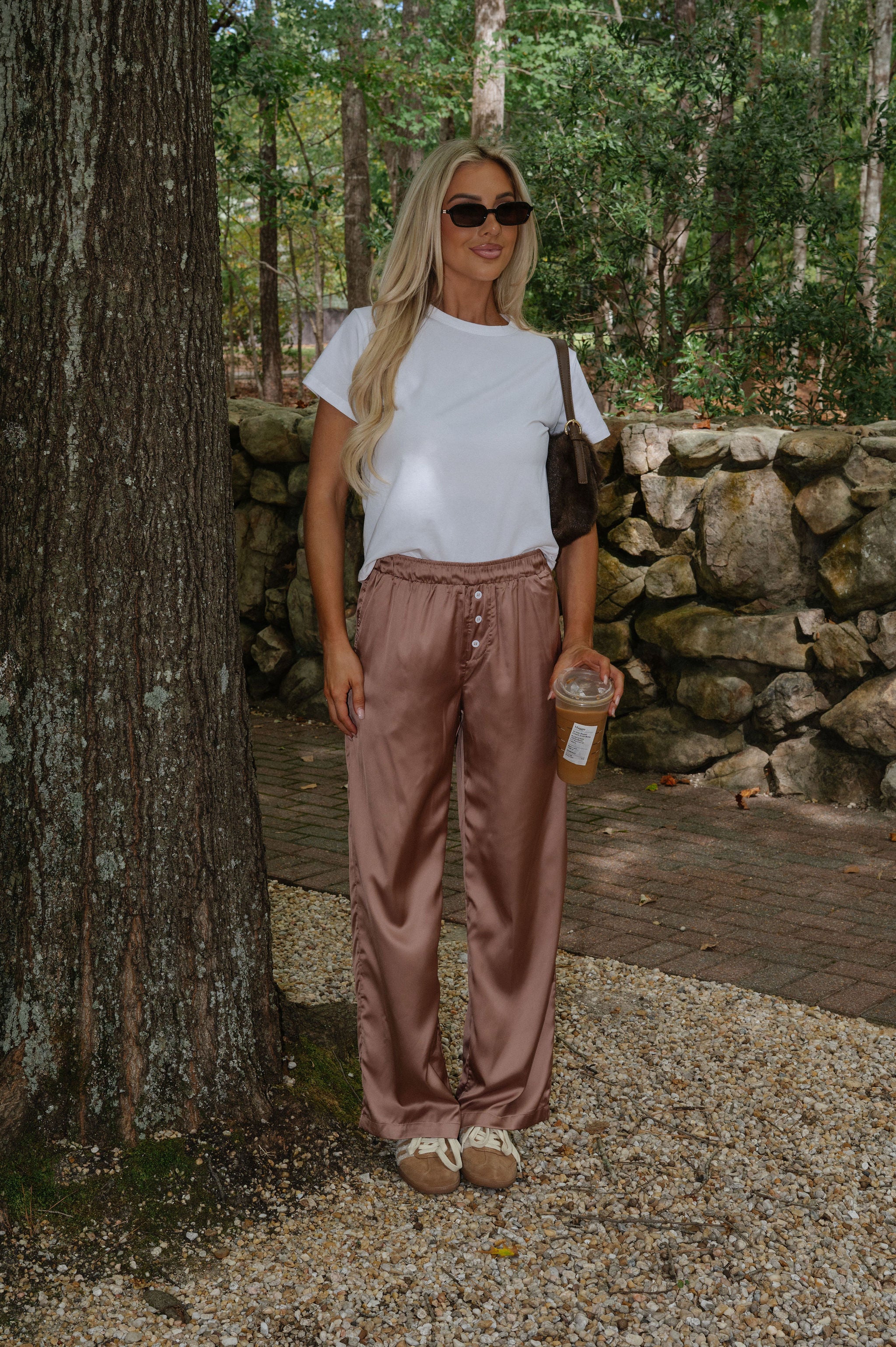 Mid-Waist Wide Leg Satin Pant-Bronze