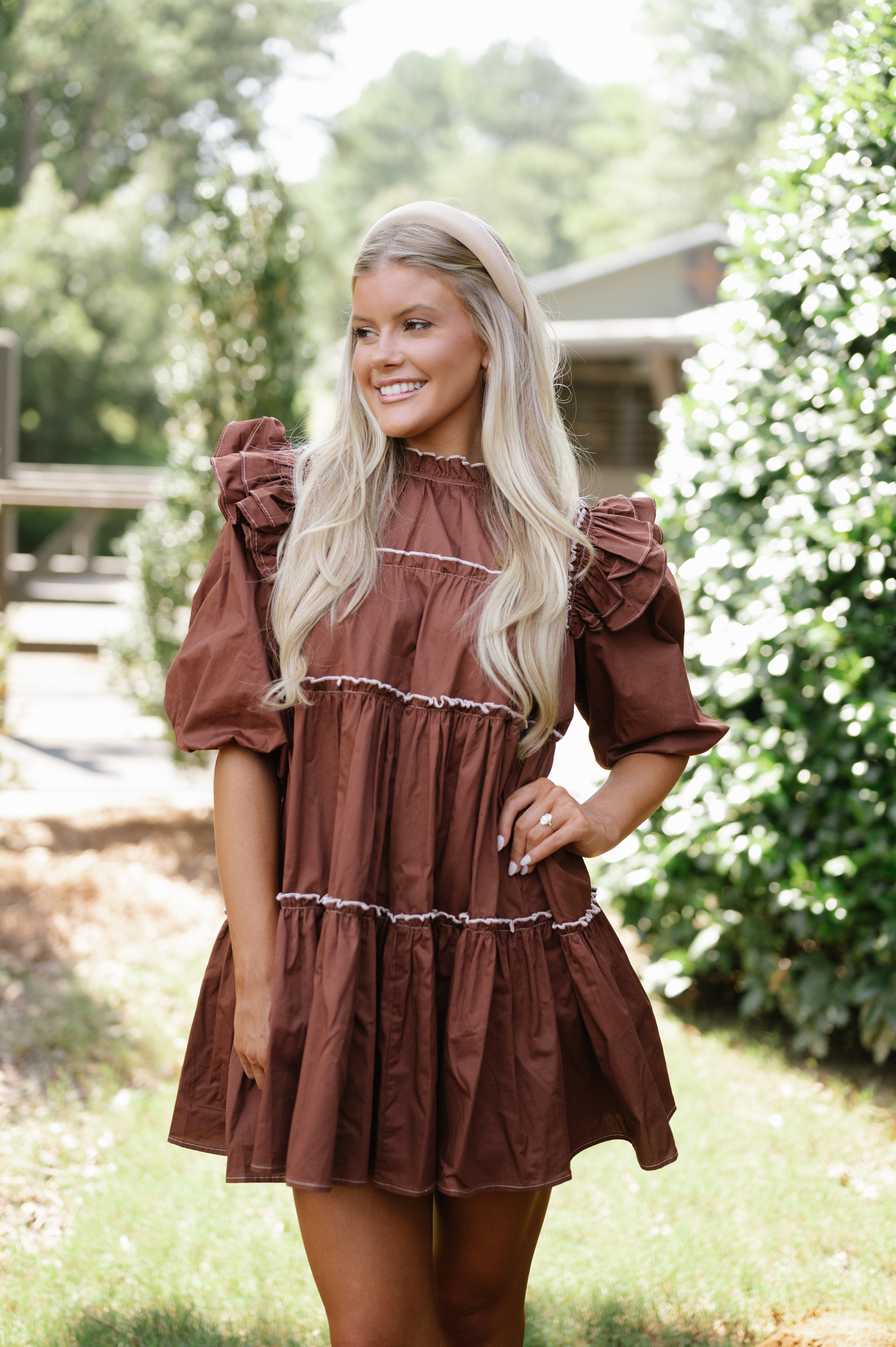 Babydoll Tiered Mini Dress-Brown