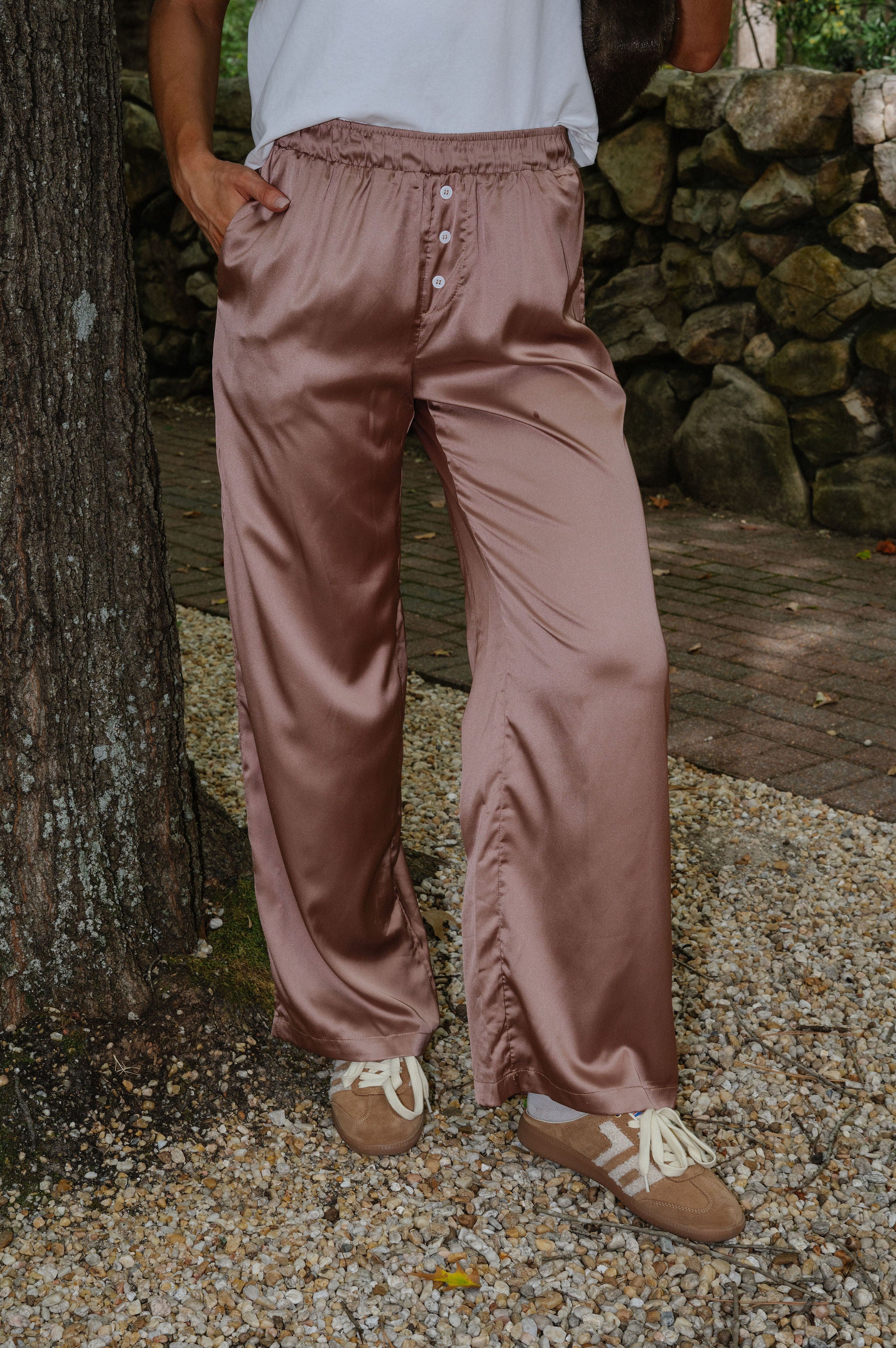 Mid-Waist Wide Leg Satin Pant-Bronze