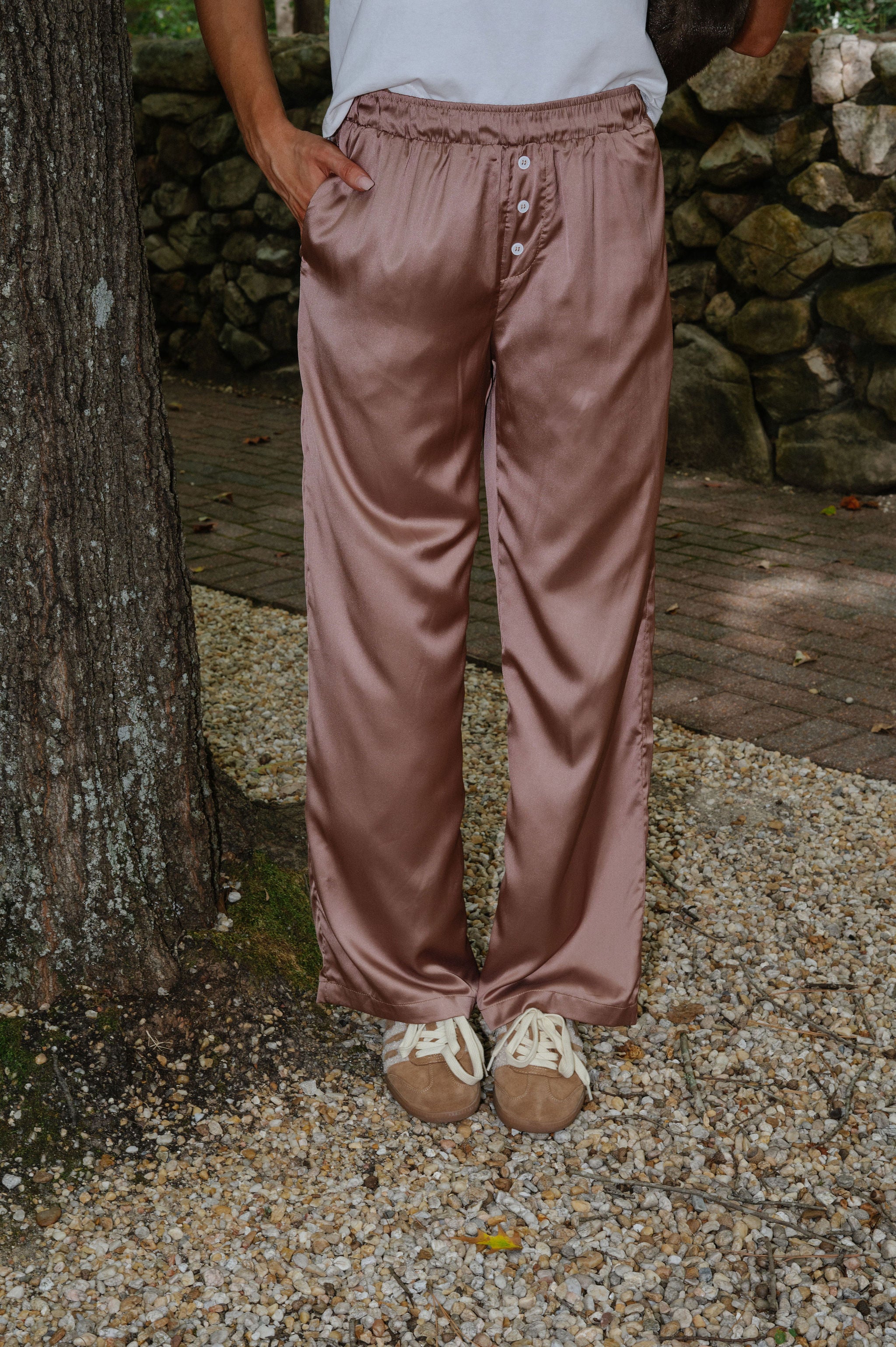 Mid-Waist Wide Leg Satin Pant-Bronze