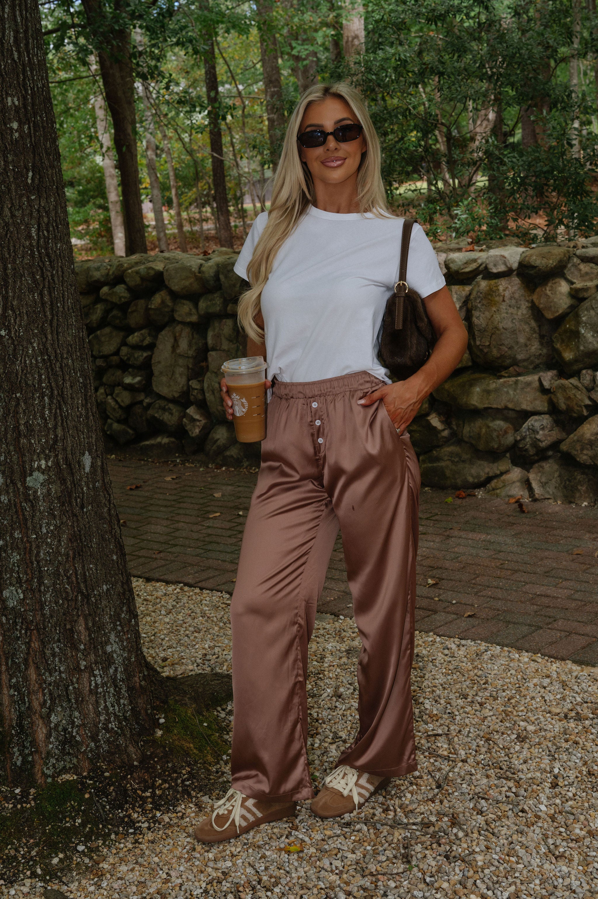 Mid-Waist Wide Leg Satin Pant-Bronze